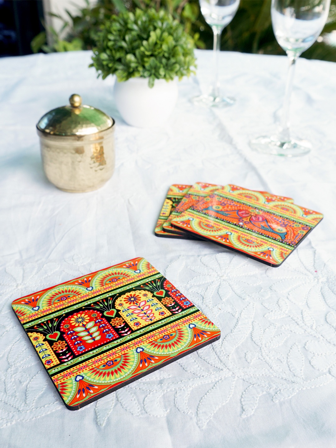 

KOLOROBIA Set of 4 Orange & Yellow Printed Truck Art Wooden Square Coasters