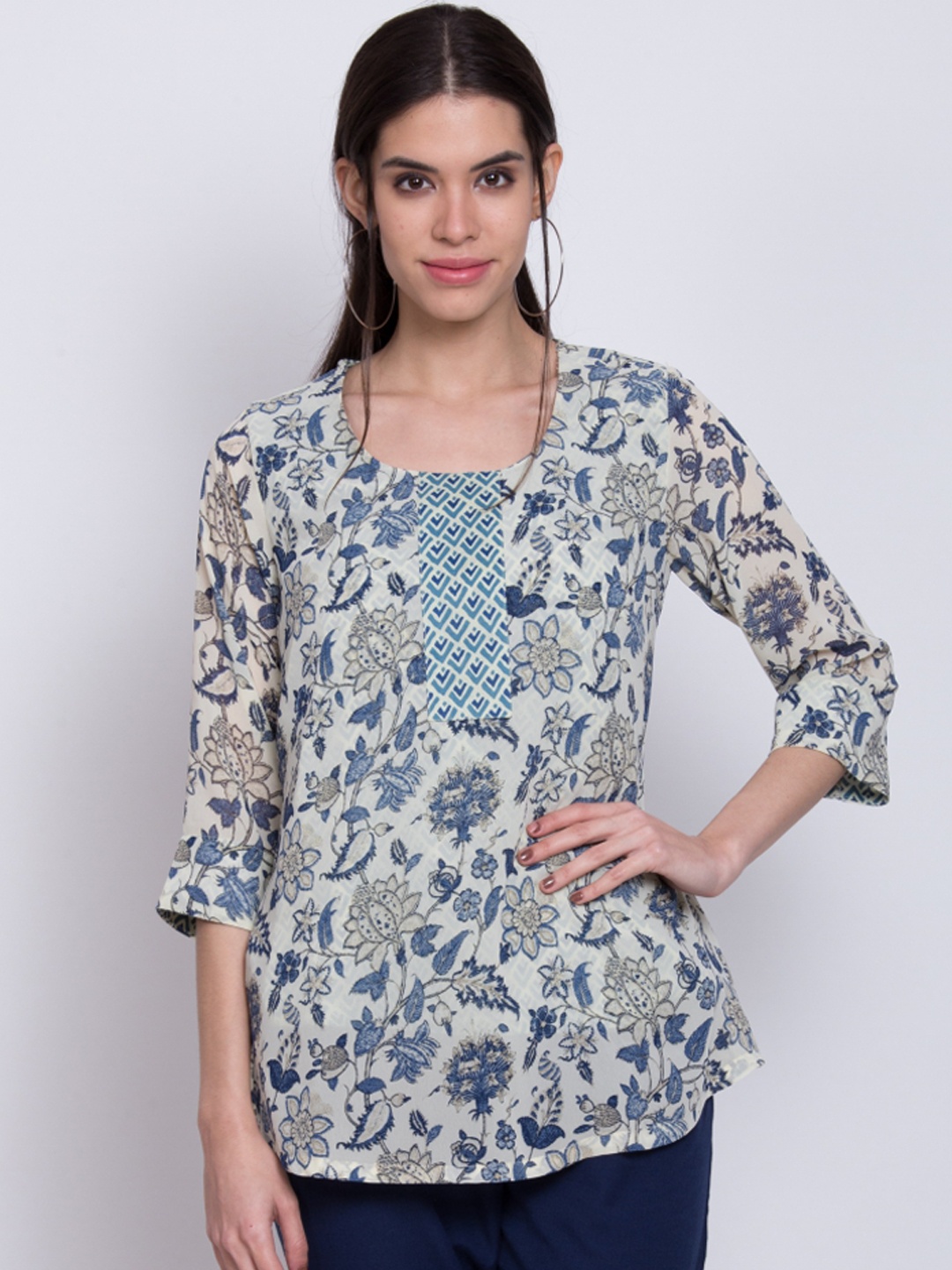 

Biba Women Cream-Coloured & Blue Printed Straight Kurti