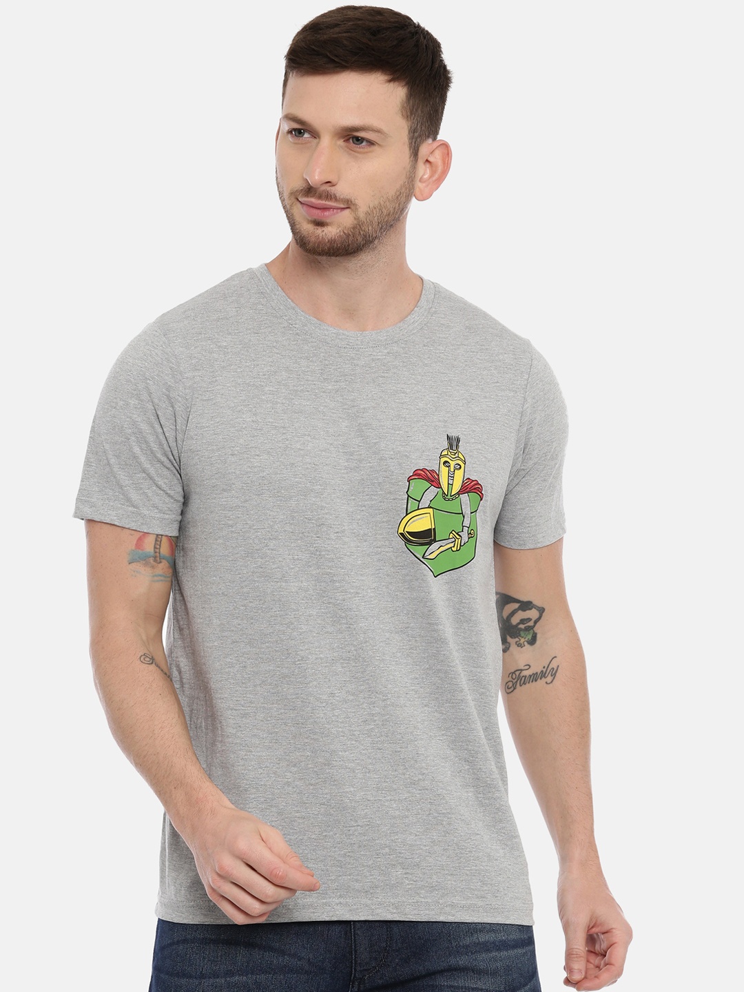 

Bushirt Men Grey Printed Round Neck Pure Cotton T-shirt