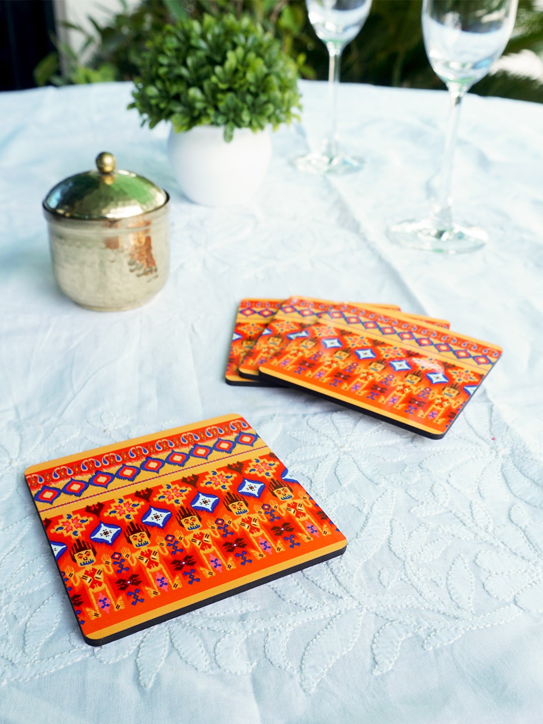 

KOLOROBIA Set Of 4 Orange & Yellow Printed Dazzling Ikat Square Wooden Coasters