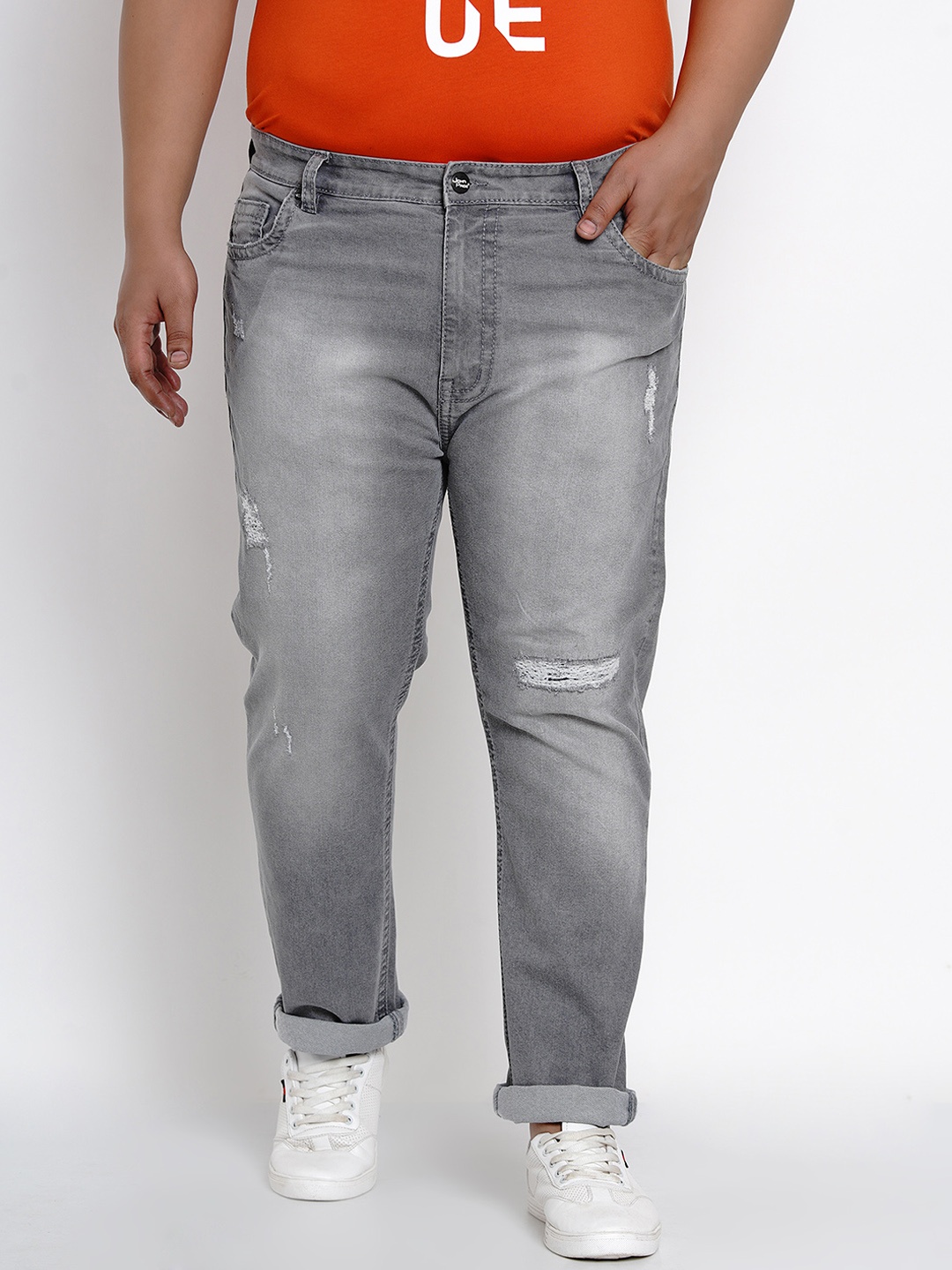 

Plus Size Men Grey Mid-Rise Low Distress Stretchable Jeans
