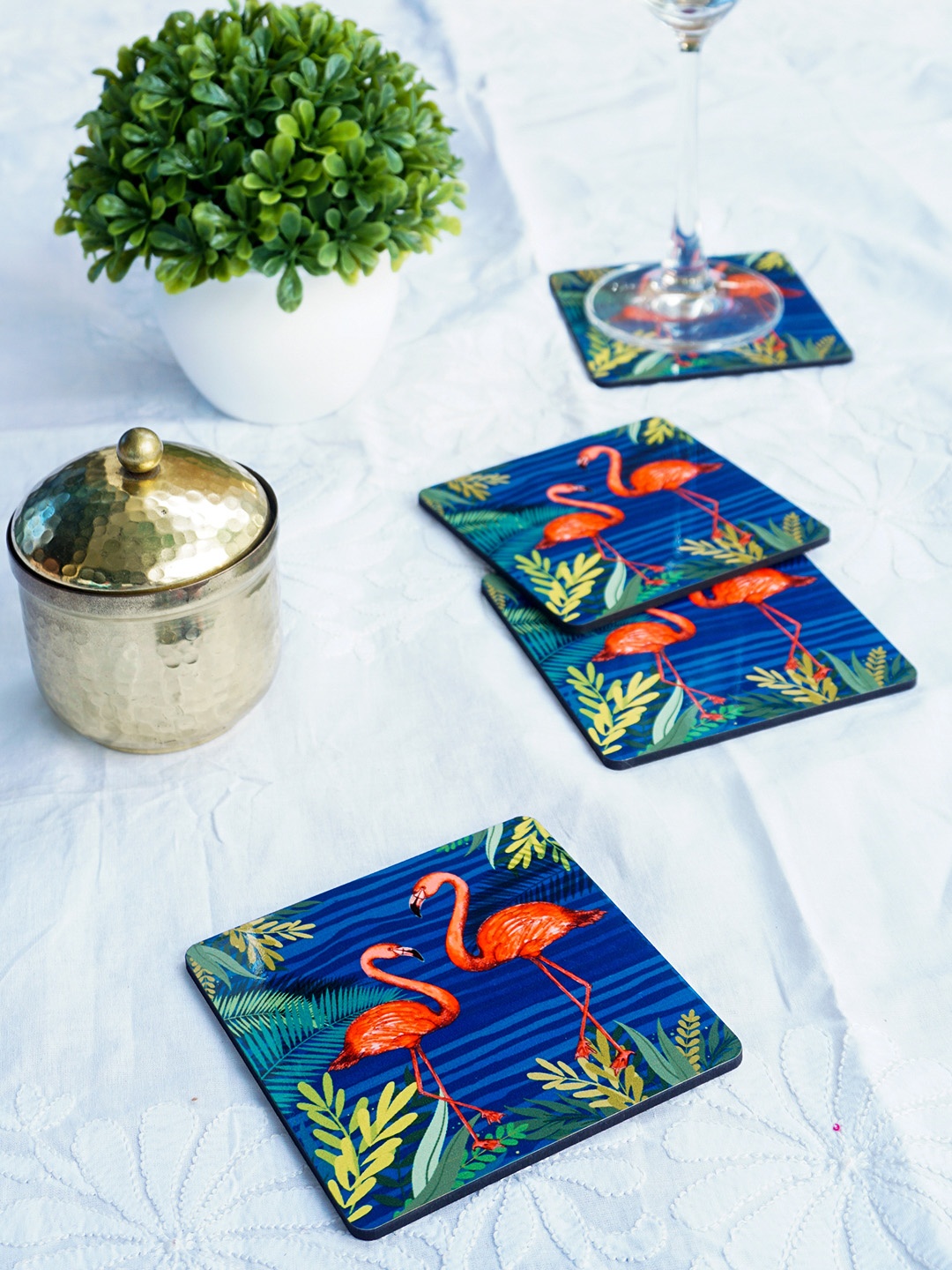 

KOLOROBIA Set Of 4 Blue & Orange Flamingo Printed Square Wooden Coasters
