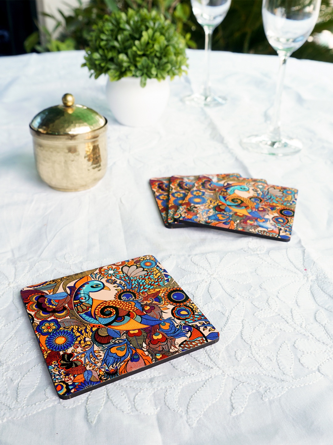

KOLOROBIA Set of 4 Yellow & Blue Peacock Admiration Wooden Square Coasters