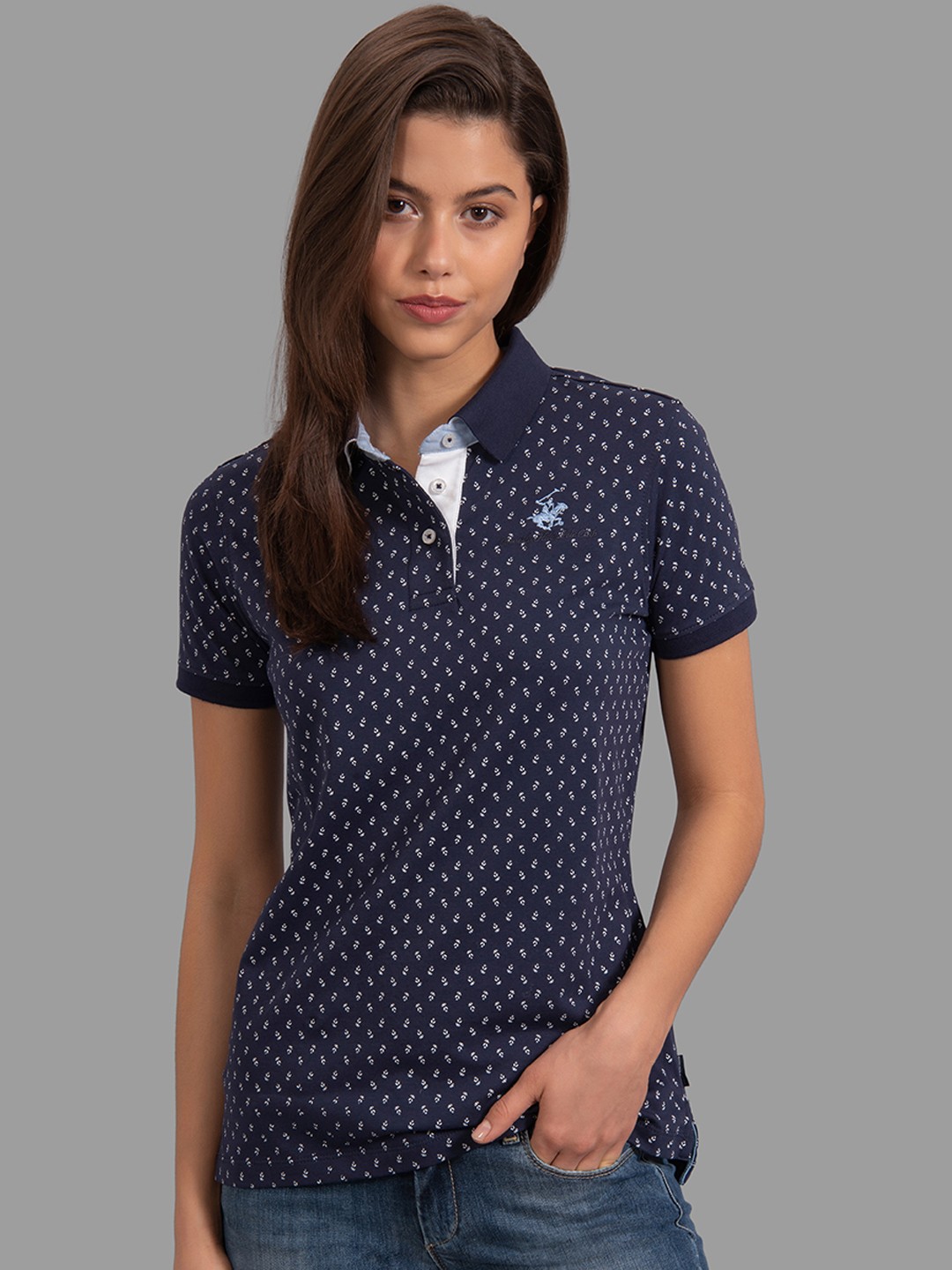 

Beverly Hills Polo Club Women Navy Blue Printed Polo Collar T-shirt