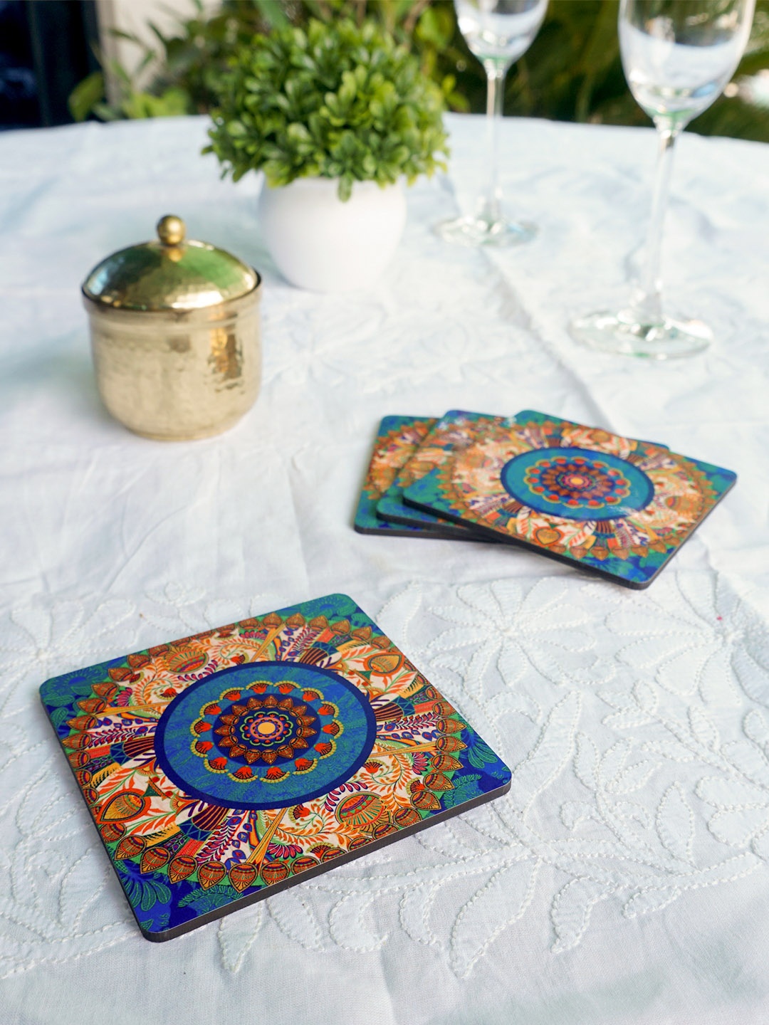 

KOLOROBIA Set of 4 Blue & Yellow Printed Egyptian Tranquility Wooden Square Coasters