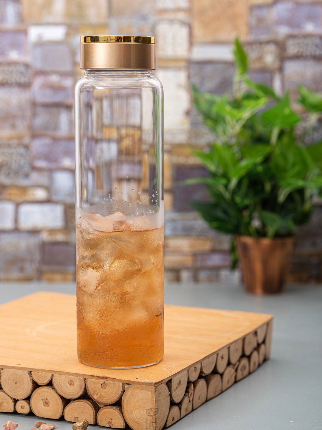 

White Gold Set Of 2 Transparent & Gold-Toned Borosilicate Glass Bottles