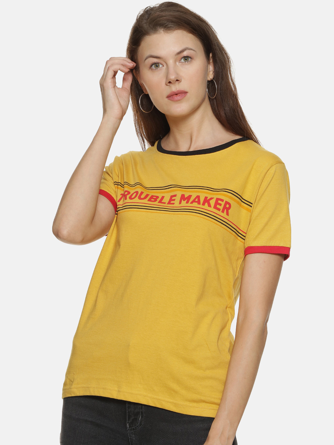 

Campus Sutra Women Yellow Red Printed Round Neck Pure Cotton T-shirt