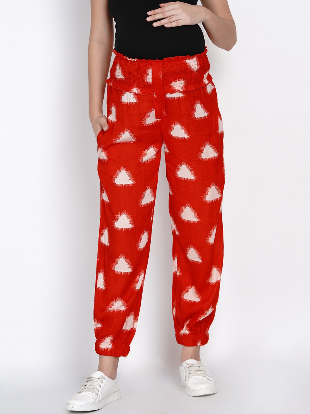 

Mine4Nine Women Red & White Relaxed Regular Fit Printed Maternity Joggers