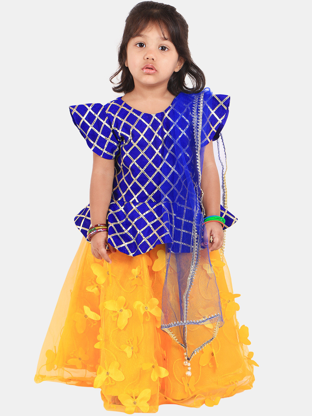 

PASSION PETALS Girls Blue & Yellow Woven Design Ready to Wear Lehenga & Blouse with Dupatta