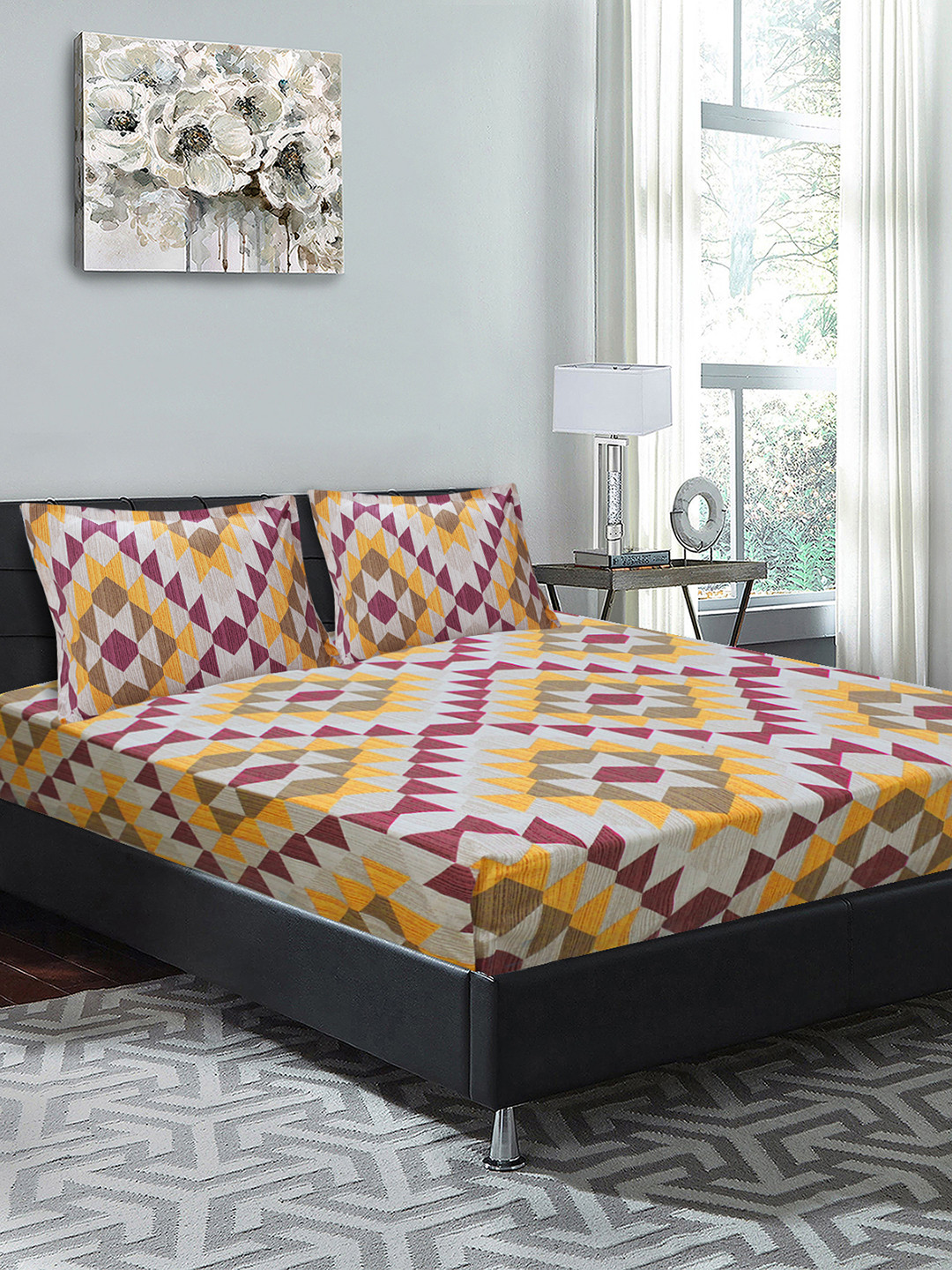 

Good Homes by Home Candy Multicoloured Geometric 144 TC Cotton 1 King Bedsheet with 2 Pillow Covers, Multi