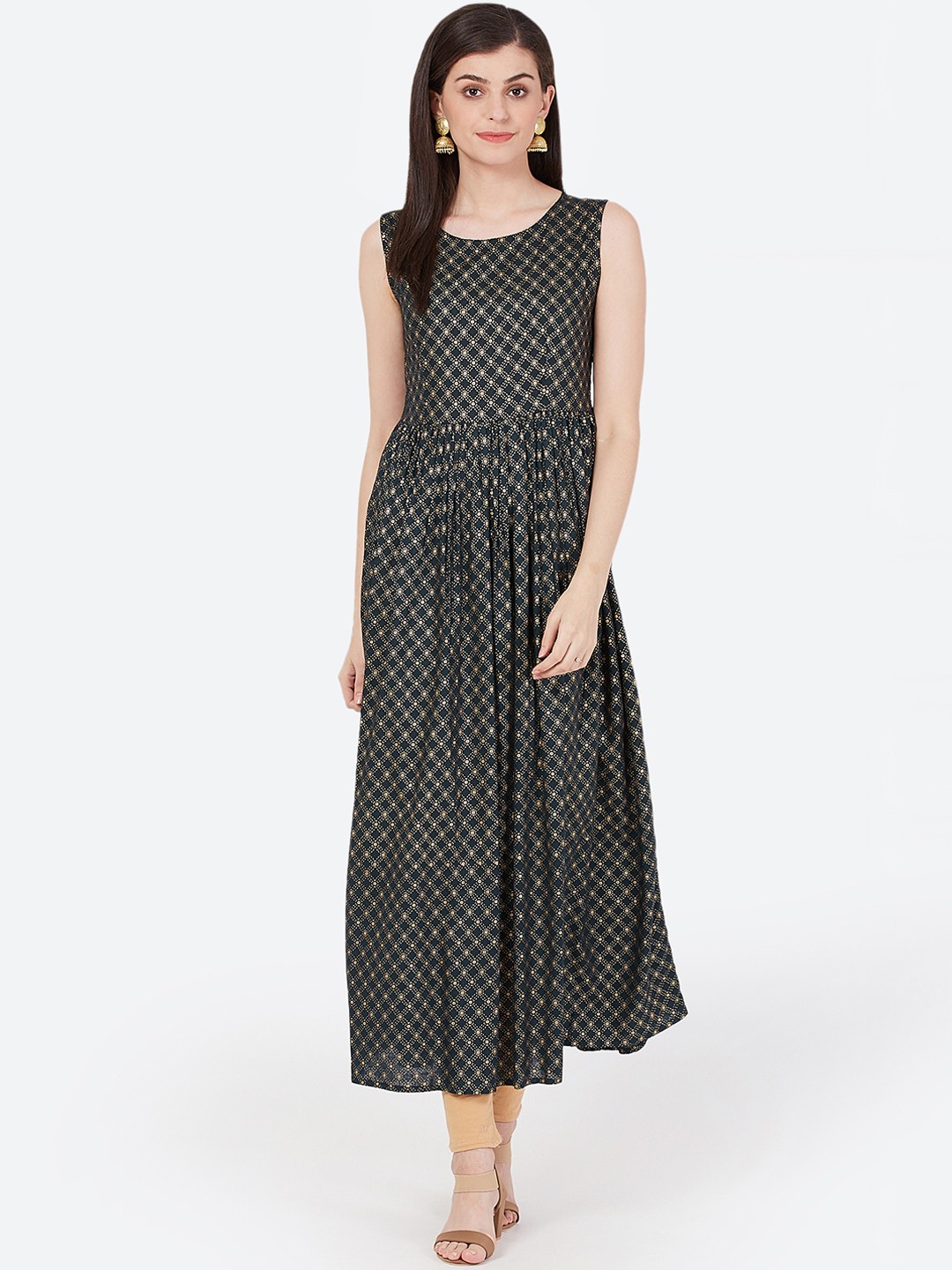

Meeranshi Women Olive Green & Gold-Coloured Printed A-Line Kurta