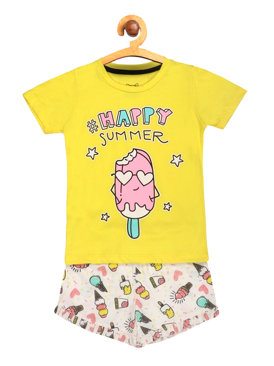 

Lazy Shark Girls Yellow & Beige Printed T-shirt with Shorts