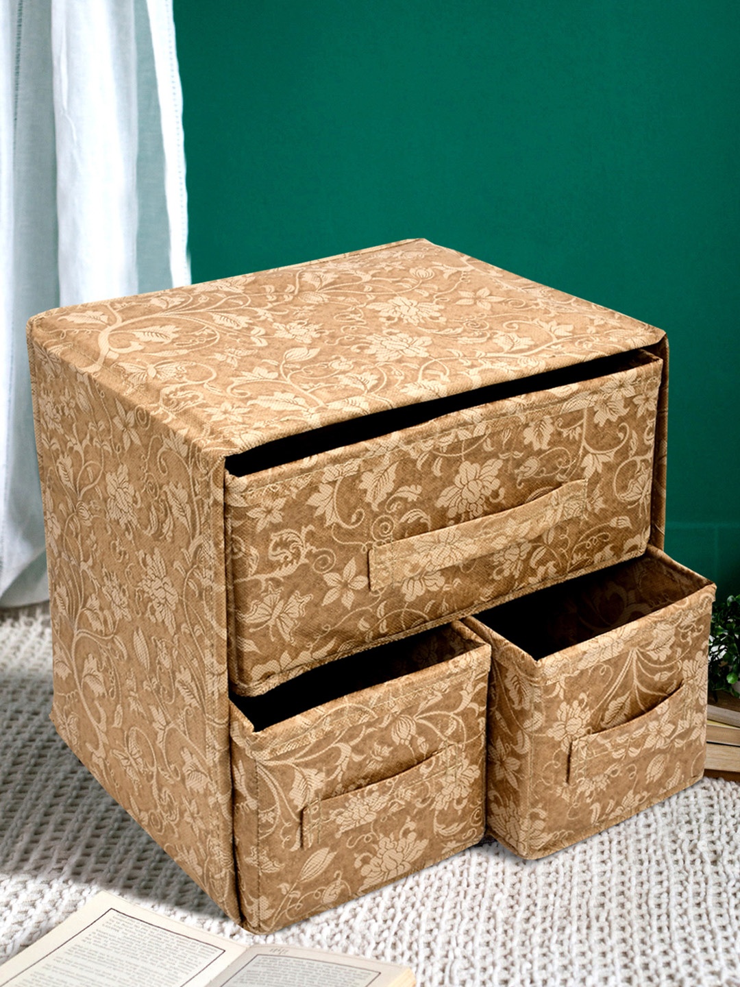 

Kuber Industries Beige Metalic Print 2-Layer 3-Drawer Foldable Storage Organizer