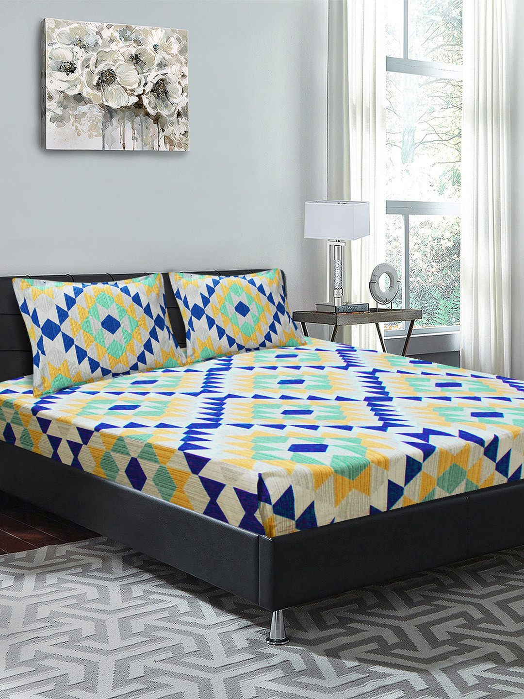 

Good Homes by Home Candy Multicoloured Geometric 144 TC 1 Bedsheet with 2 Pillow Covers, Multi