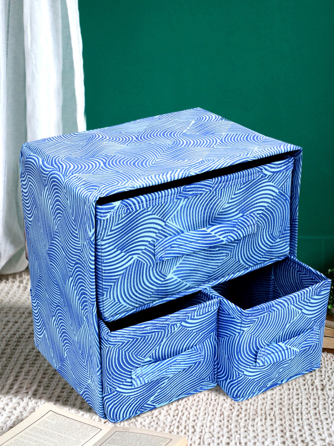 

Kuber Industries Unisex Blue Leheriya Printed 2-Layer 3-Drawer Foldable Storage Organizer