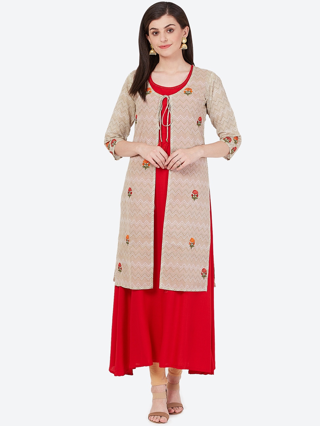 

Meeranshi Women Beige & Red Embroidered Layered Kurta