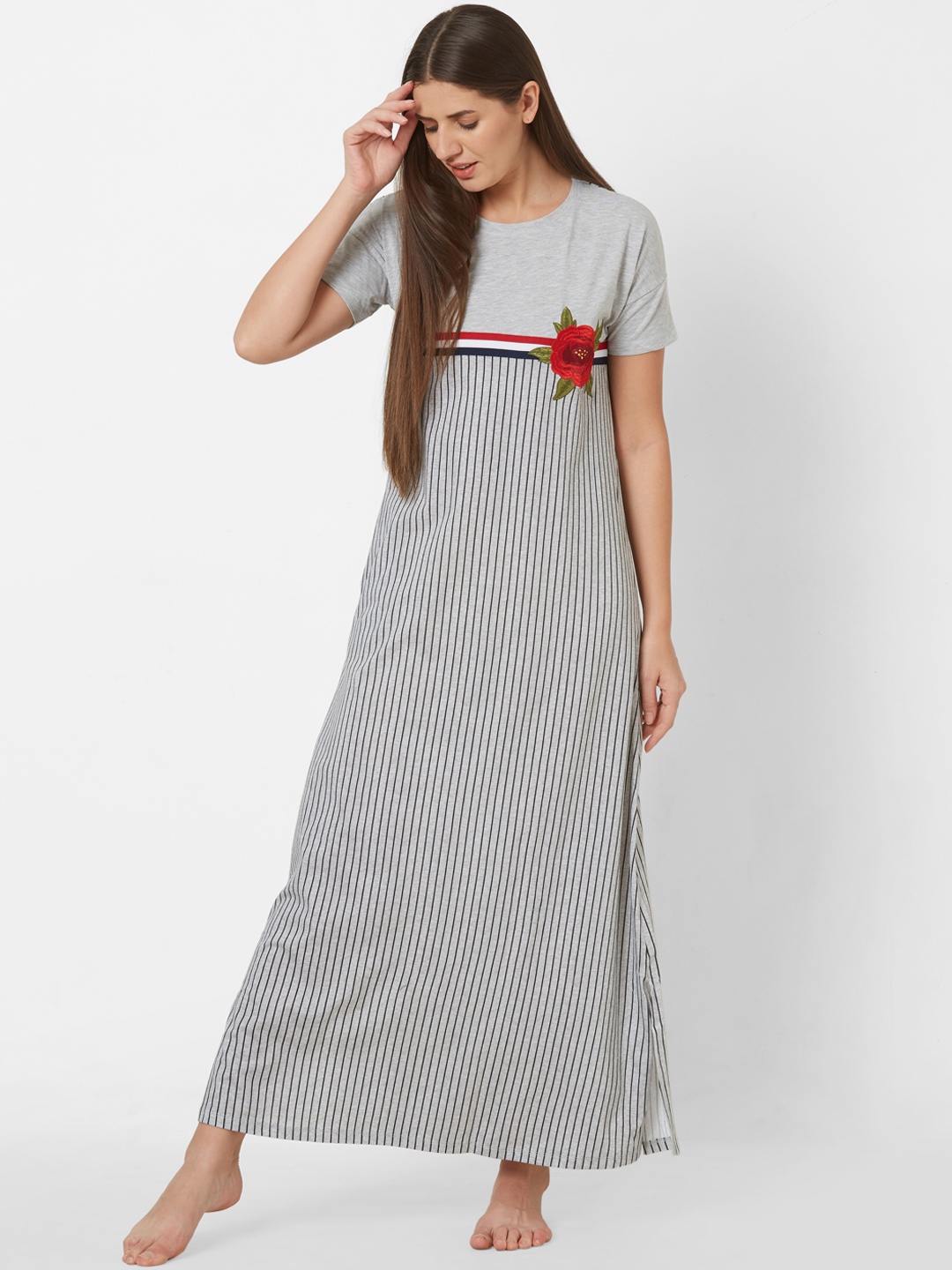 

Sweet Dreams Grey Melange & Black Vertical Striped Maxi Nightdress