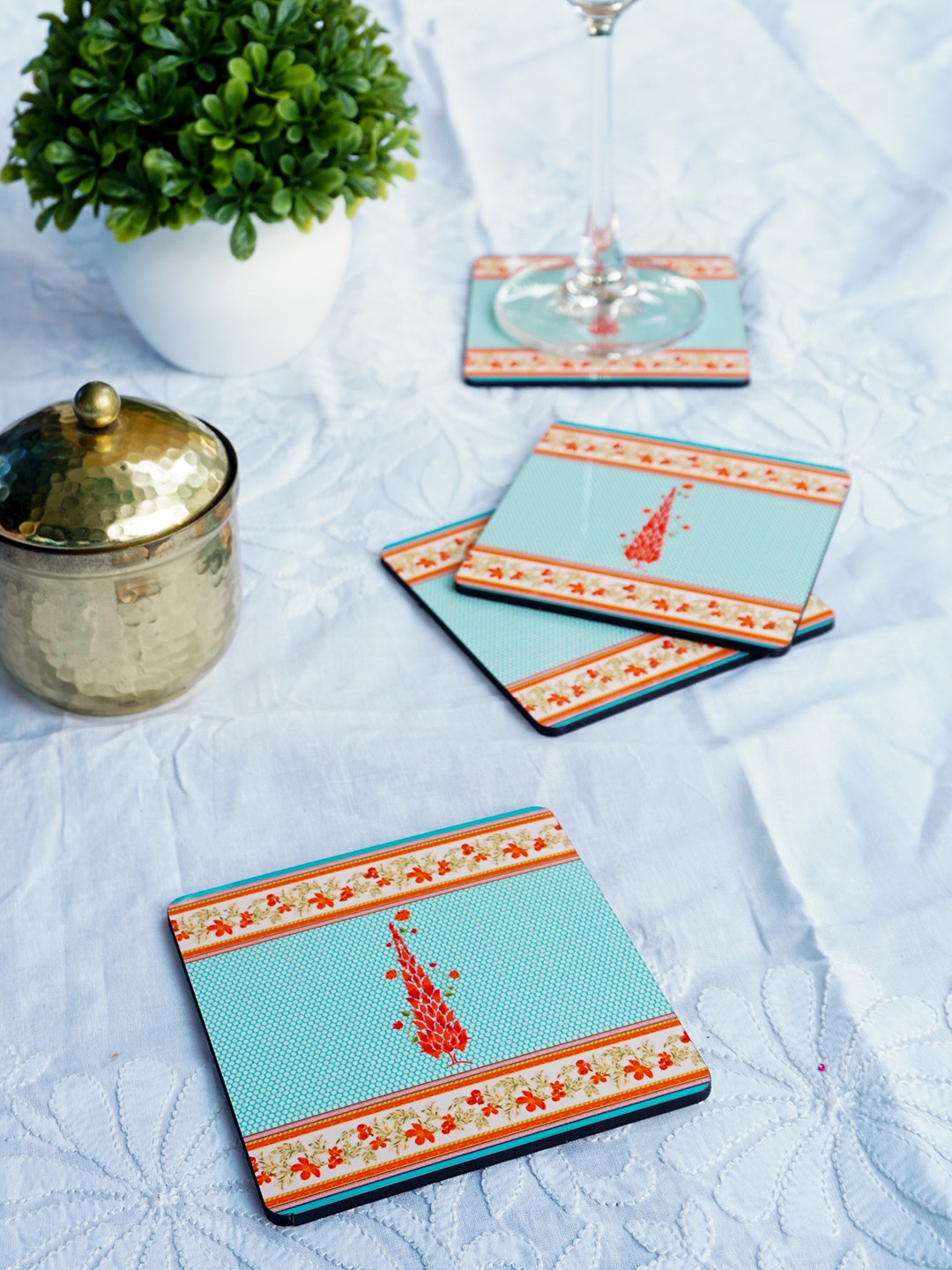 KOLOROBIA Set Of 4 Blue & Orange Printed Babur Charbagh Square Wooden Coasters
