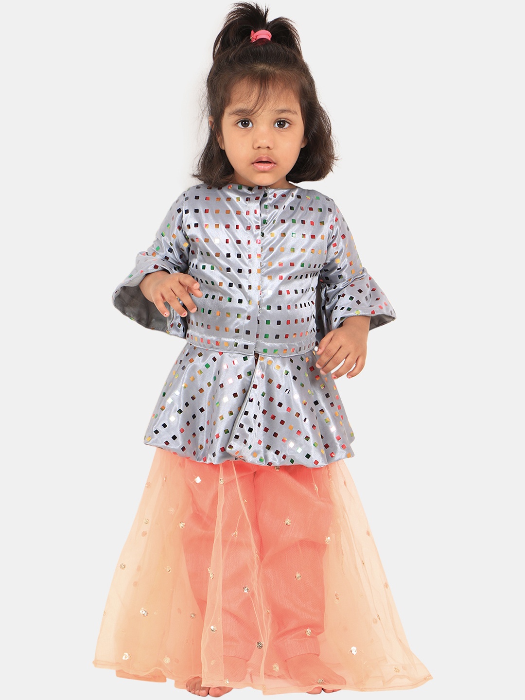 

PASSION PETALS Grey & Peach-Coloured Ready to Wear Lehenga with Top