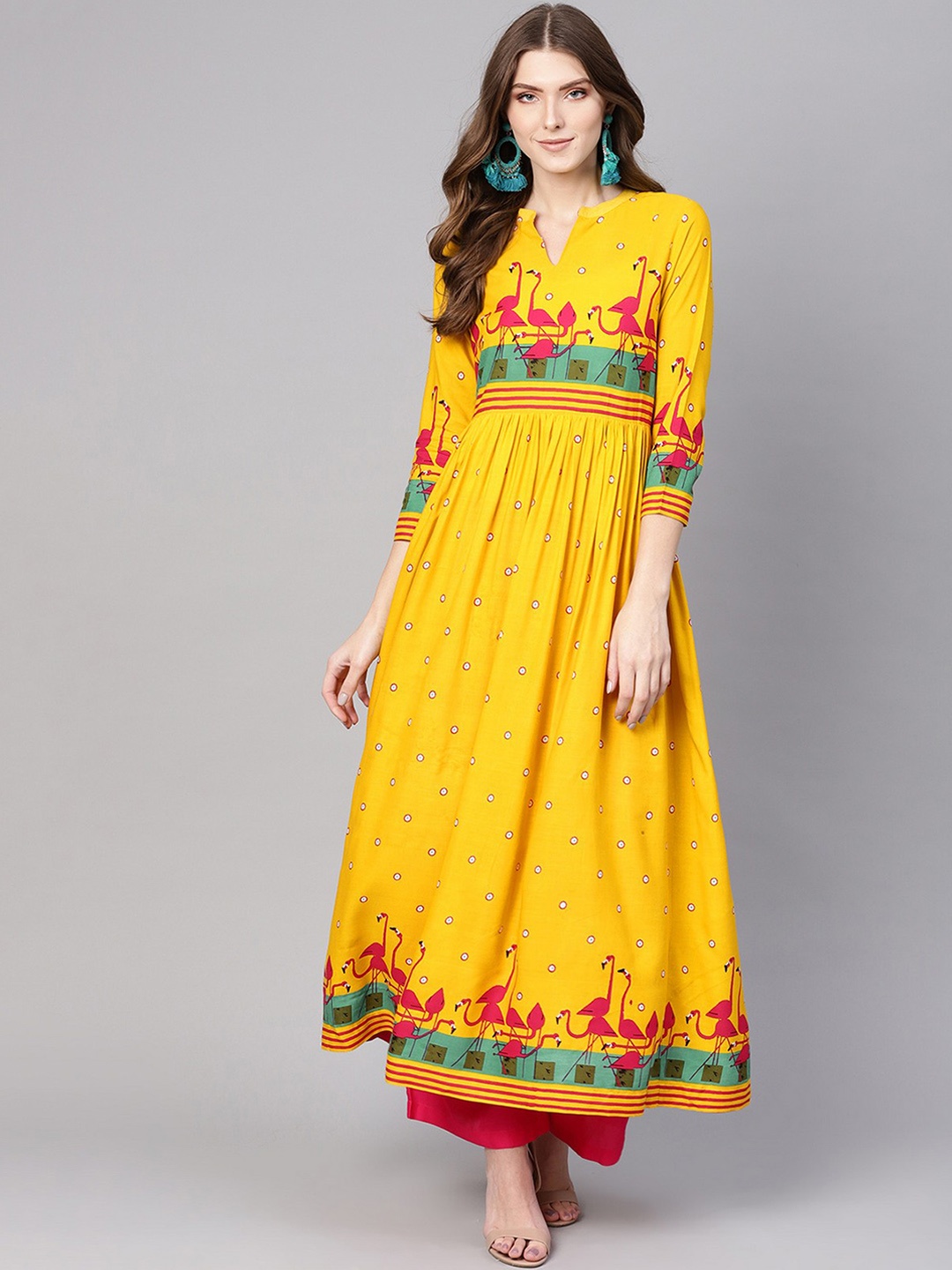 

Pannkh Women Yellow & Pink Quirky Print Anarkali Kurta