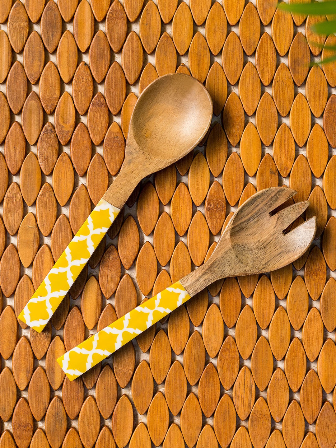 

ExclusiveLane Set of 2 Yellow Moroccan Mango Wood Hand-painted Serving Spoon & Fork, Brown
