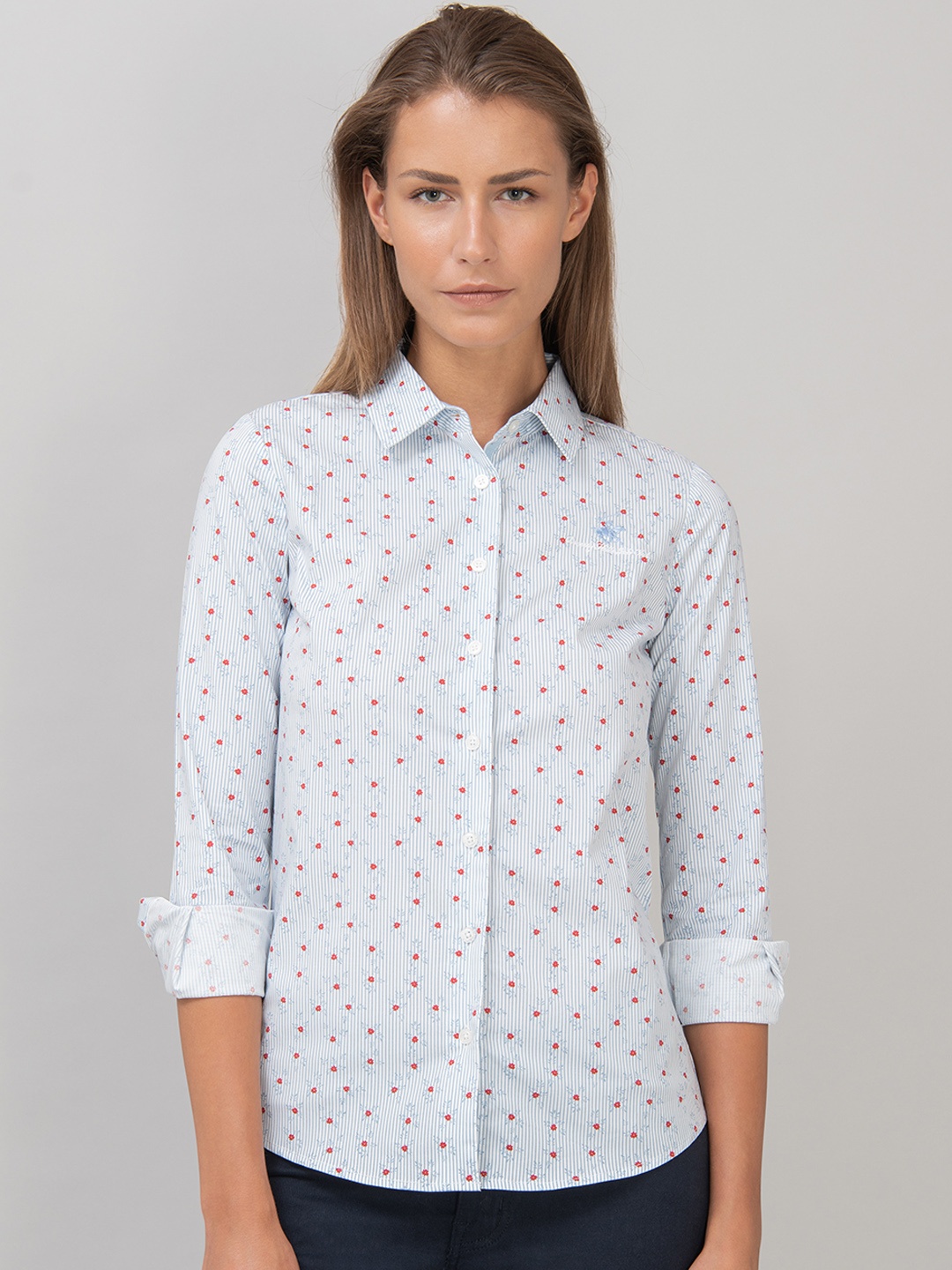 

Beverly Hills Polo Club Women Blue & Red Regular Fit Printed Casual Shirt