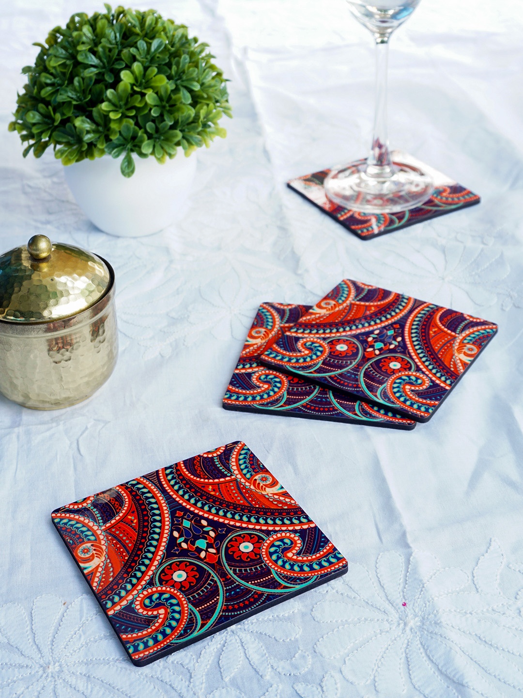 

KOLOROBIA Set of 4 Purple & Orange Printed Majestic Paisley Wooden Square Coasters