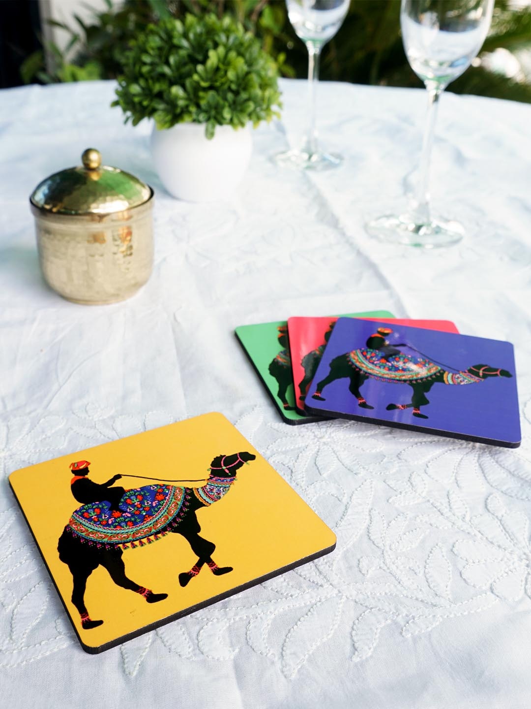 

KOLOROBIA Set Of 4 Blue & Black Printed Princely Camel Square Wooden Coasters