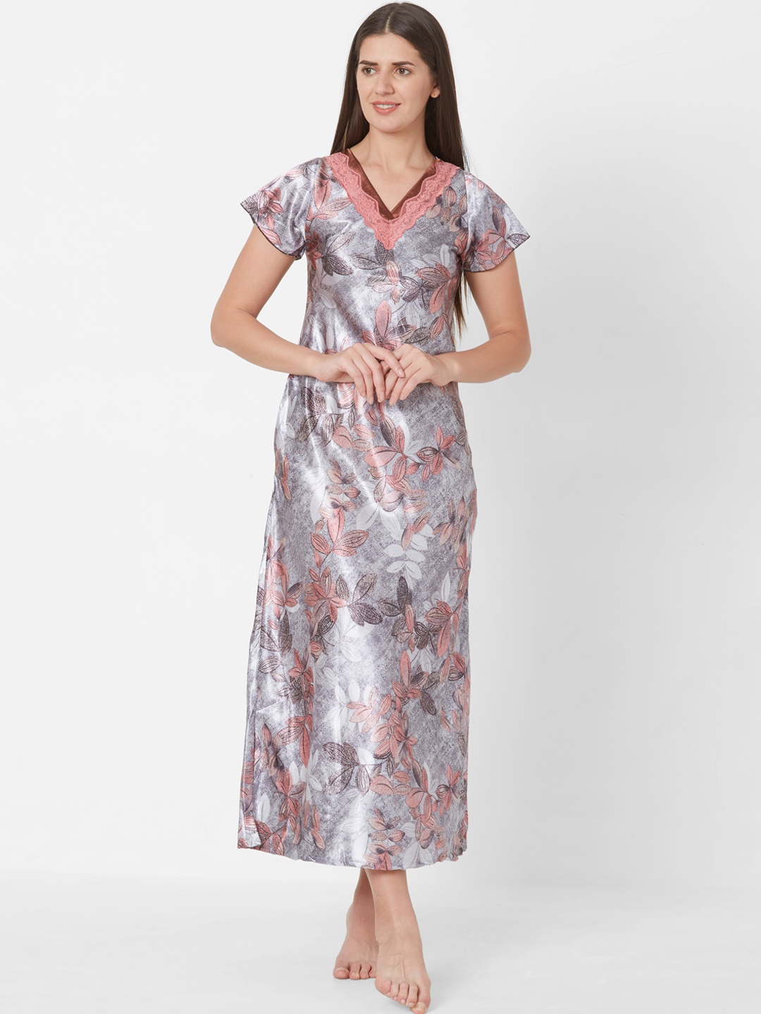 

Sweet Dreams Grey & Coral Printed Nightdress