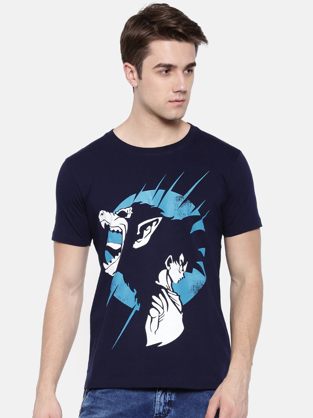 

Bushirt Men Navy Blue White Printed Round Neck Pure Cotton T-shirt