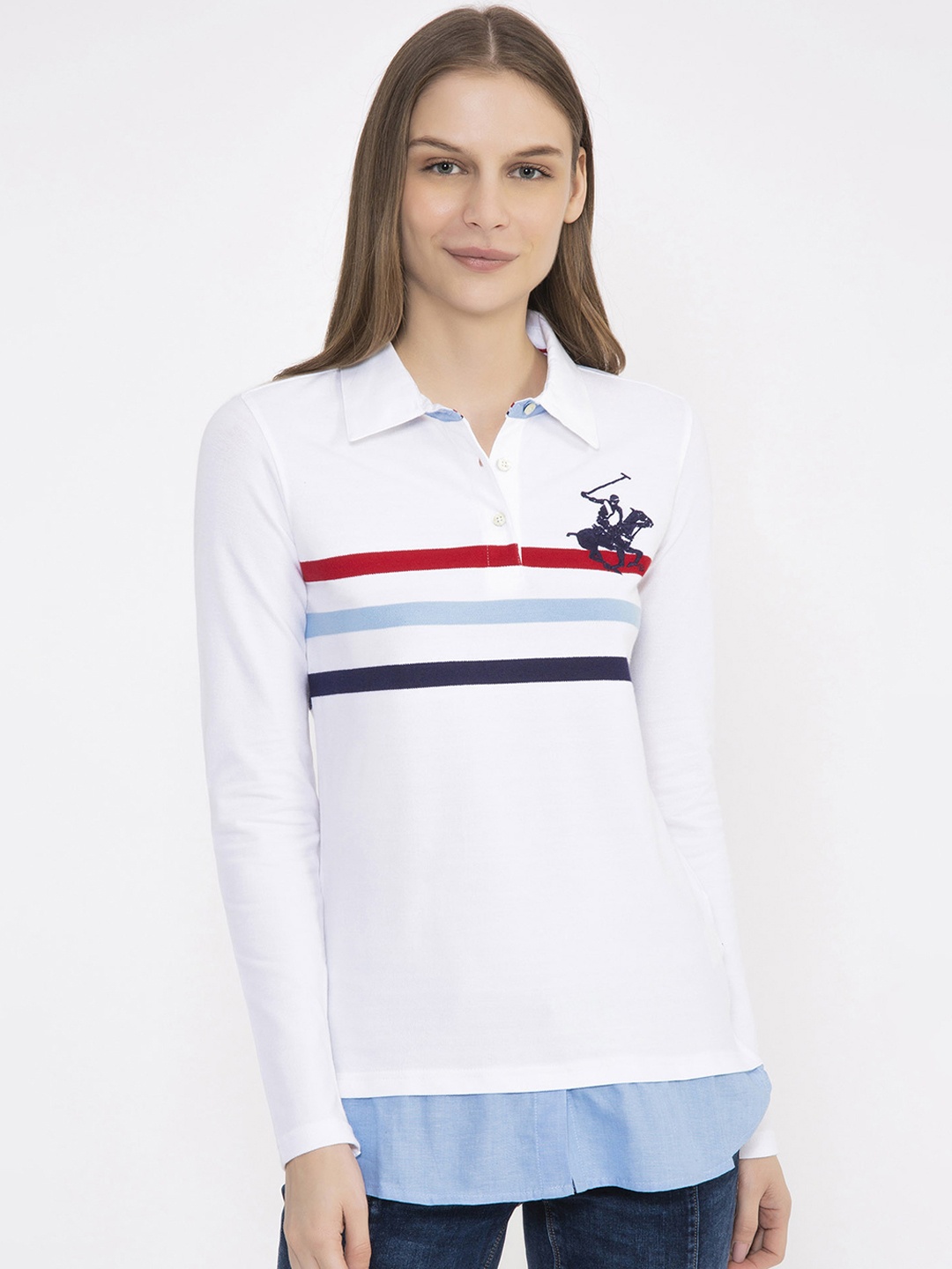 Beverly Hills Polo Club Women White & Blue Striped Polo Collar T-shirt