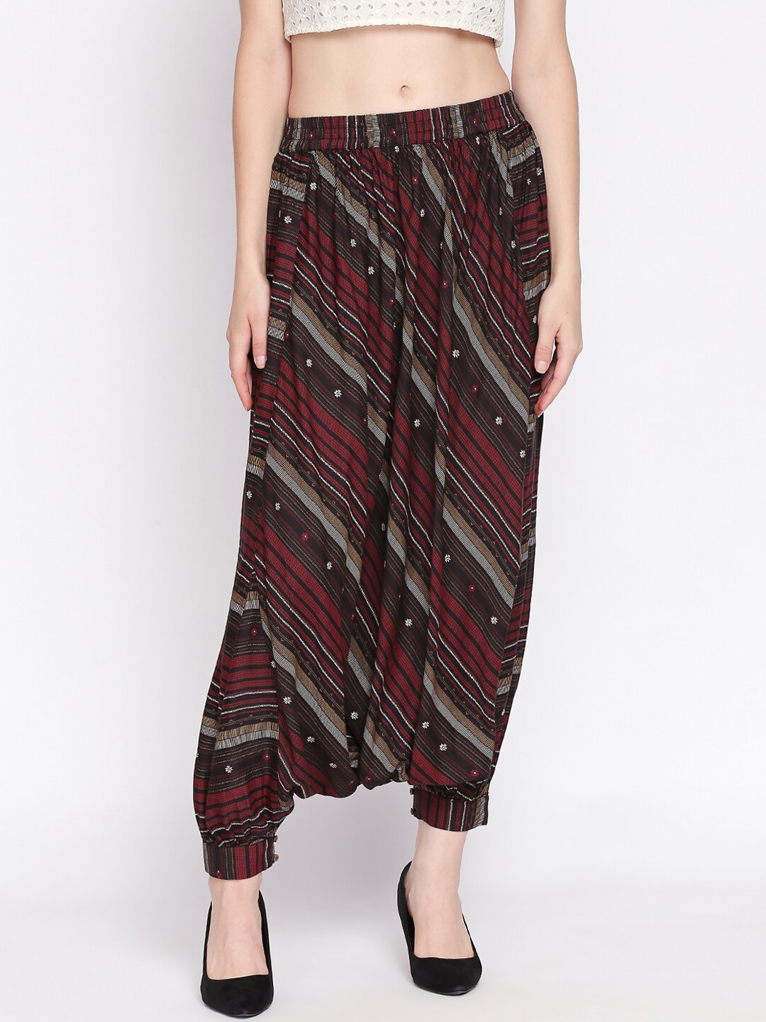 

AKKRITI BY PANTALOONS Women Brown & Red Regular Fit Striped Drop Crotch Trousers