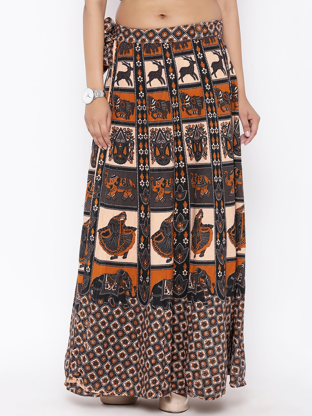 

SOUNDARYA Women Beige & Charcoal Grey Printed Wrap-Around Maxi Skirt