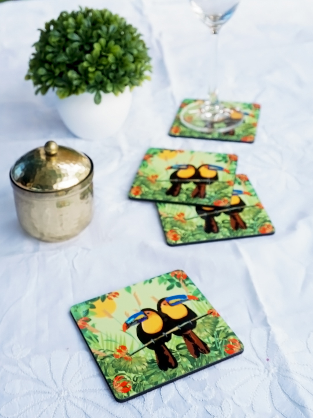 

KOLOROBIA Set Of 4 Green & Black Toucans Printed Wooden Square Coasters