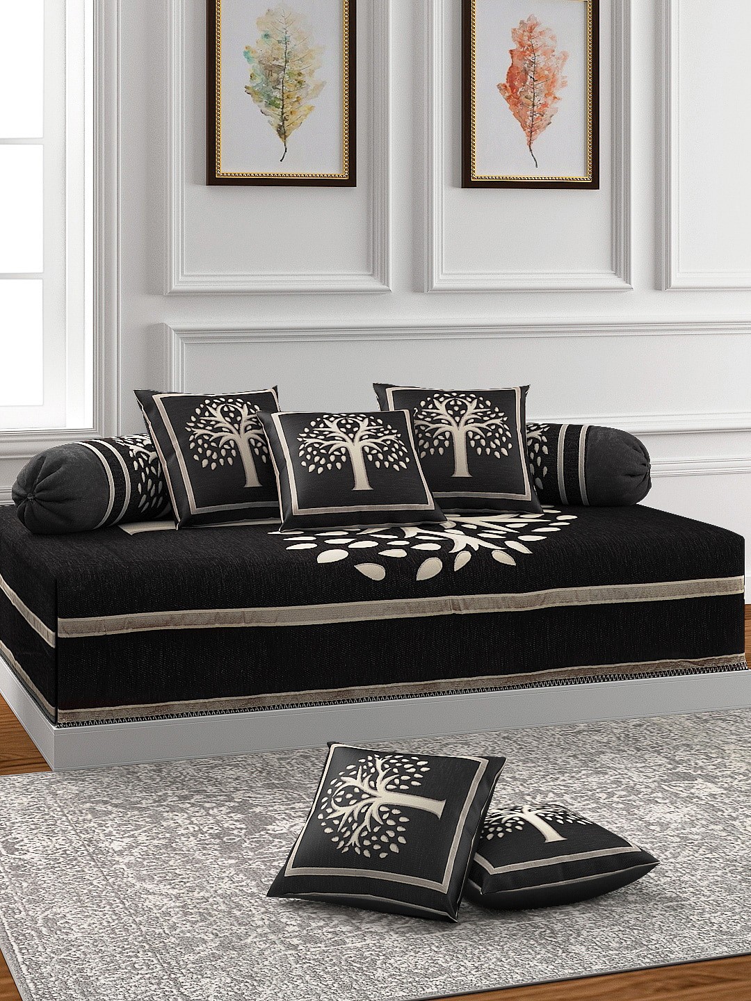 

ROMEE Set Of 8 Black & Beige Floral Bedsheet With Bolster & Cushion Covers