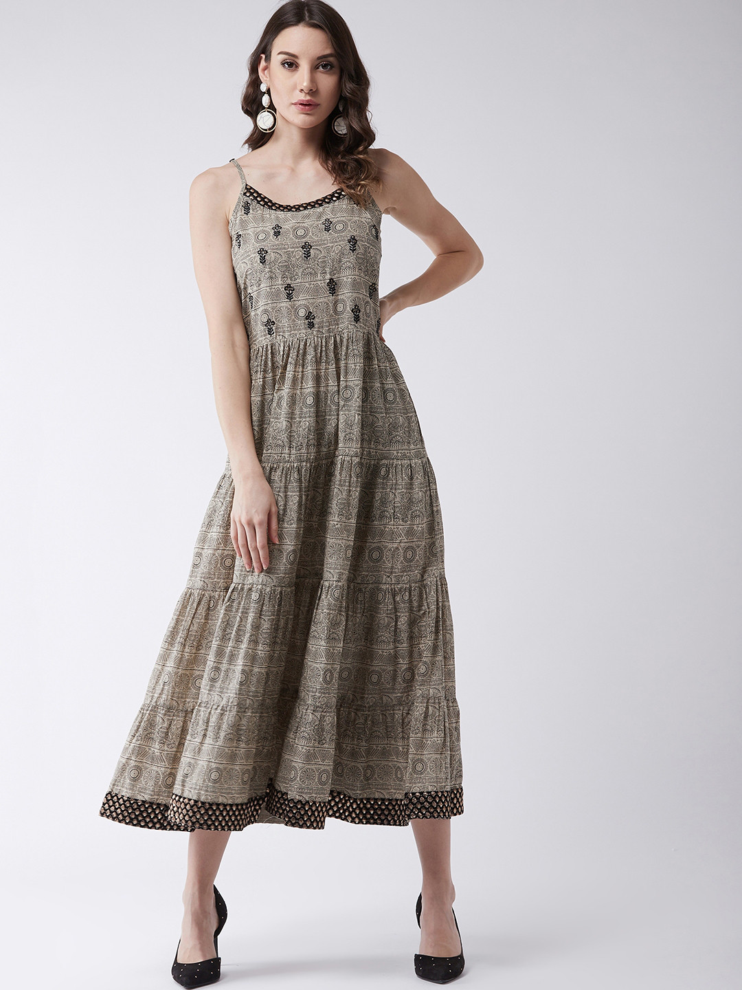 

Pannkh Women Beige & Black Printed Fit and Flare Dress