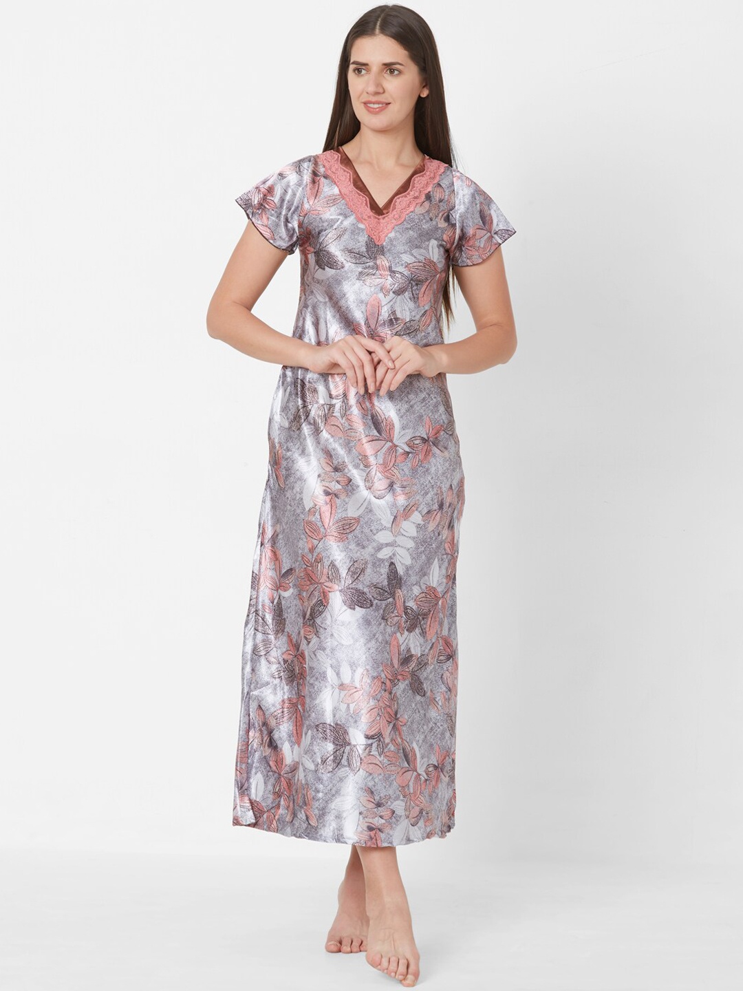 

Sweet Dreams Grey & Peach-Coloured Printed Nightdress