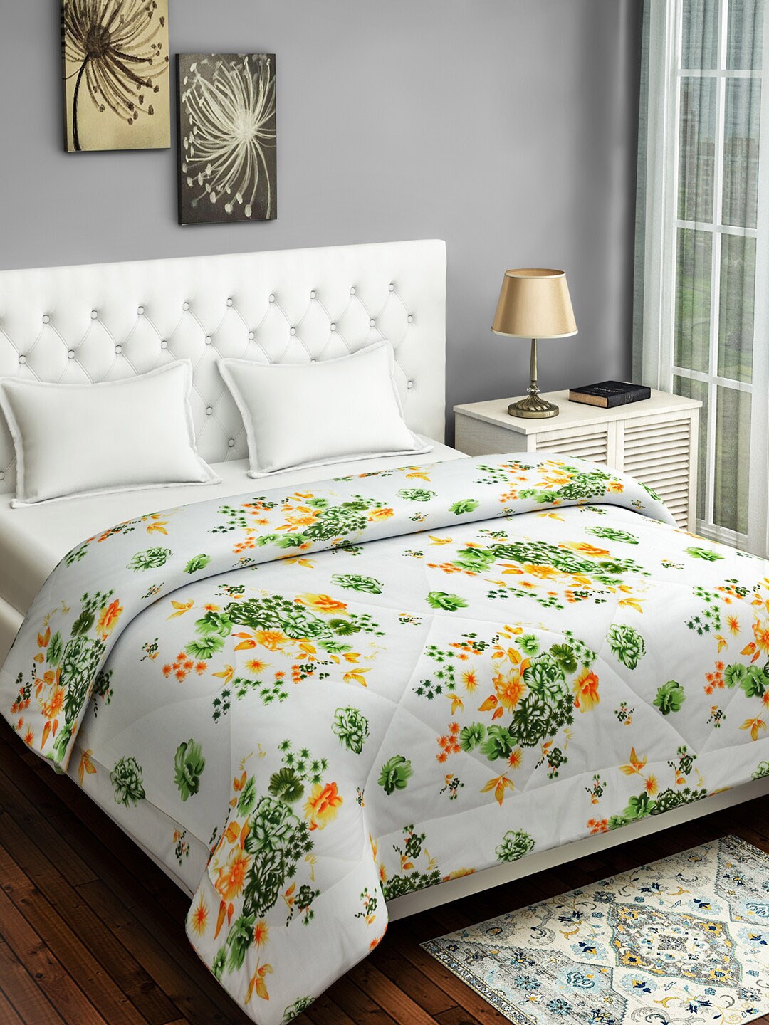 

SWAYAM White & Green Floral AC Room 150 GSM Double Bed Comforter