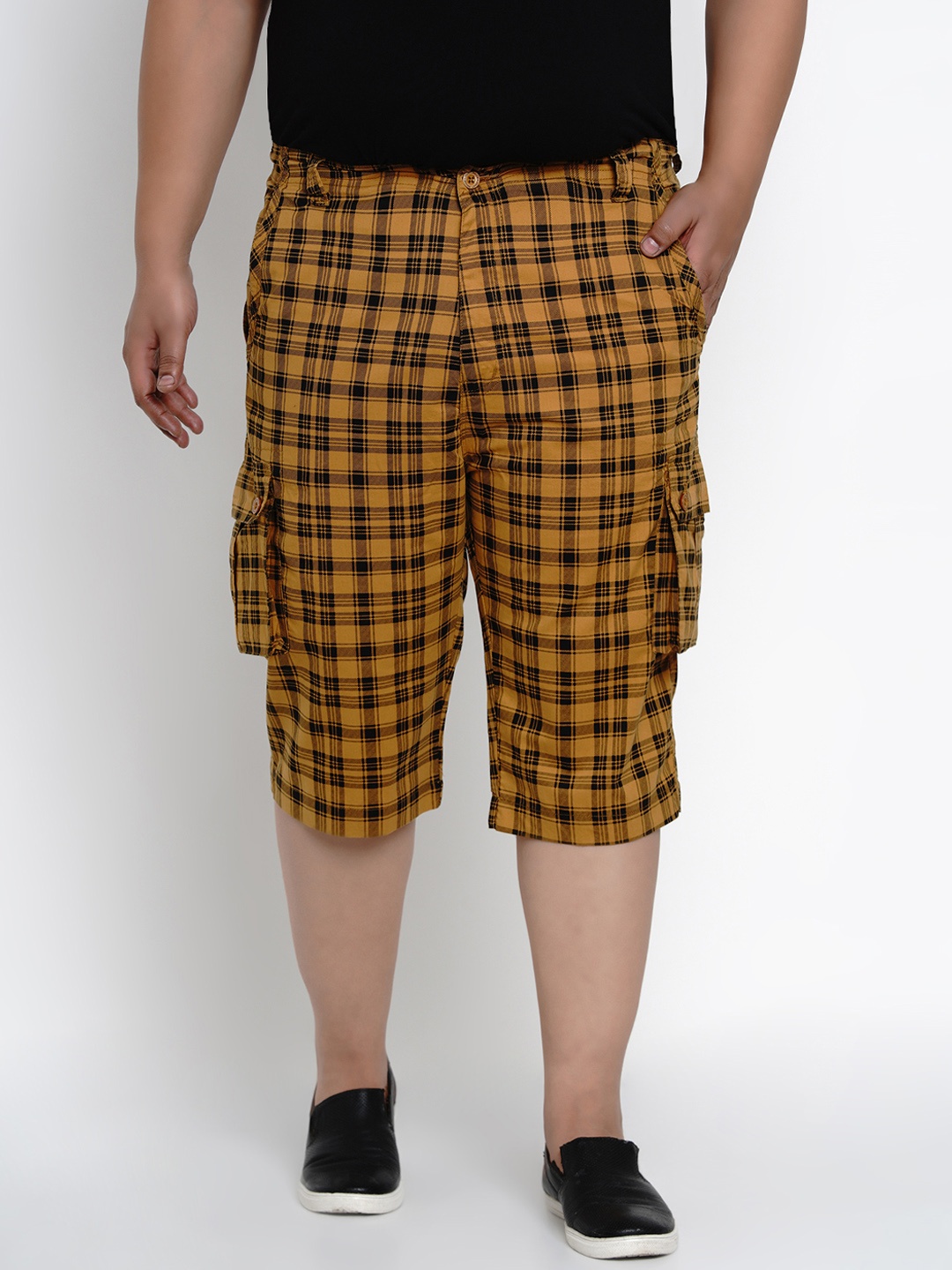 

John Pride Men Mustard Yellow Checked Regular Fit Cargo Shorts