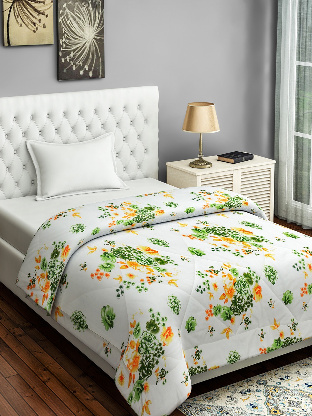 

SWAYAM White & Yellow Floral AC Room 150 GSM Single Bed Comforter