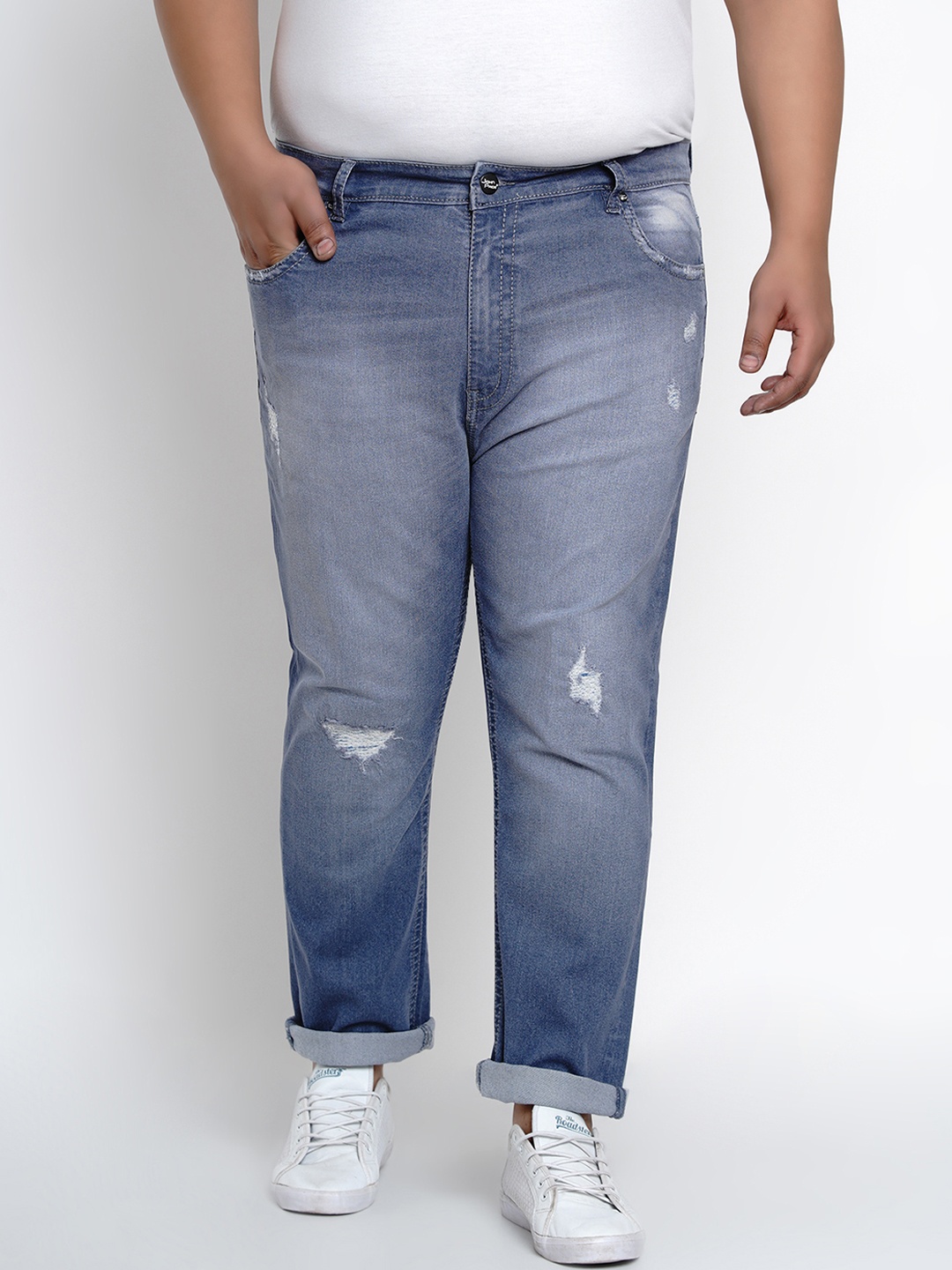 

Plus Size Men Blue Regular Fit Mid-Rise Low Distress Stretchable Jeans