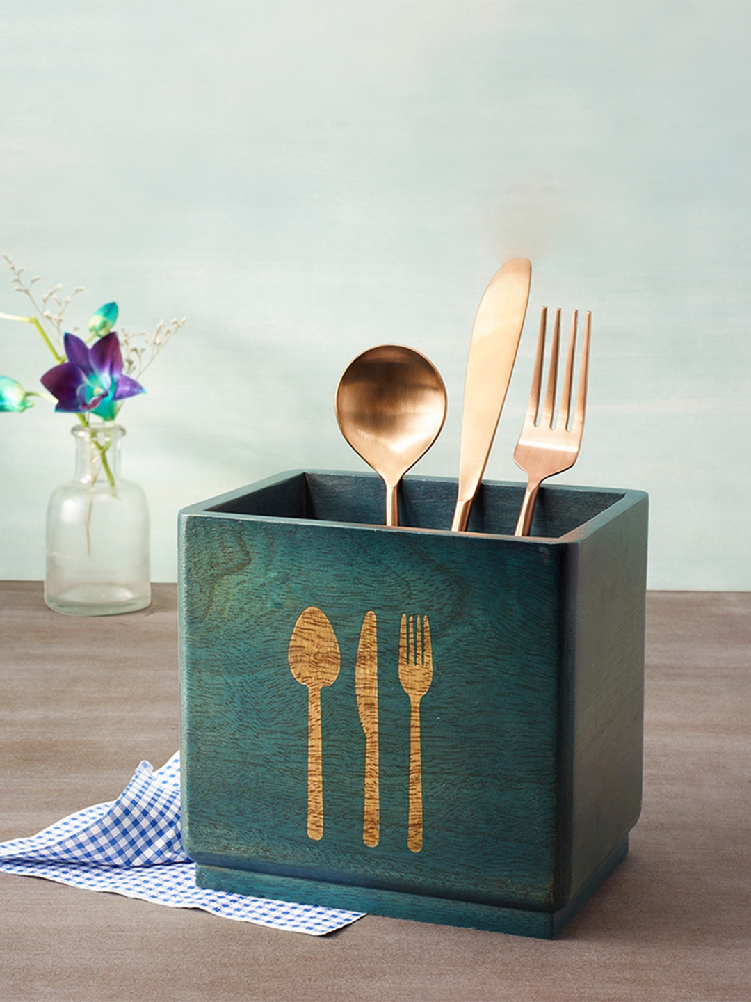

ellementry Teal Blue & Yellow Printed Wooden Utensil Holder
