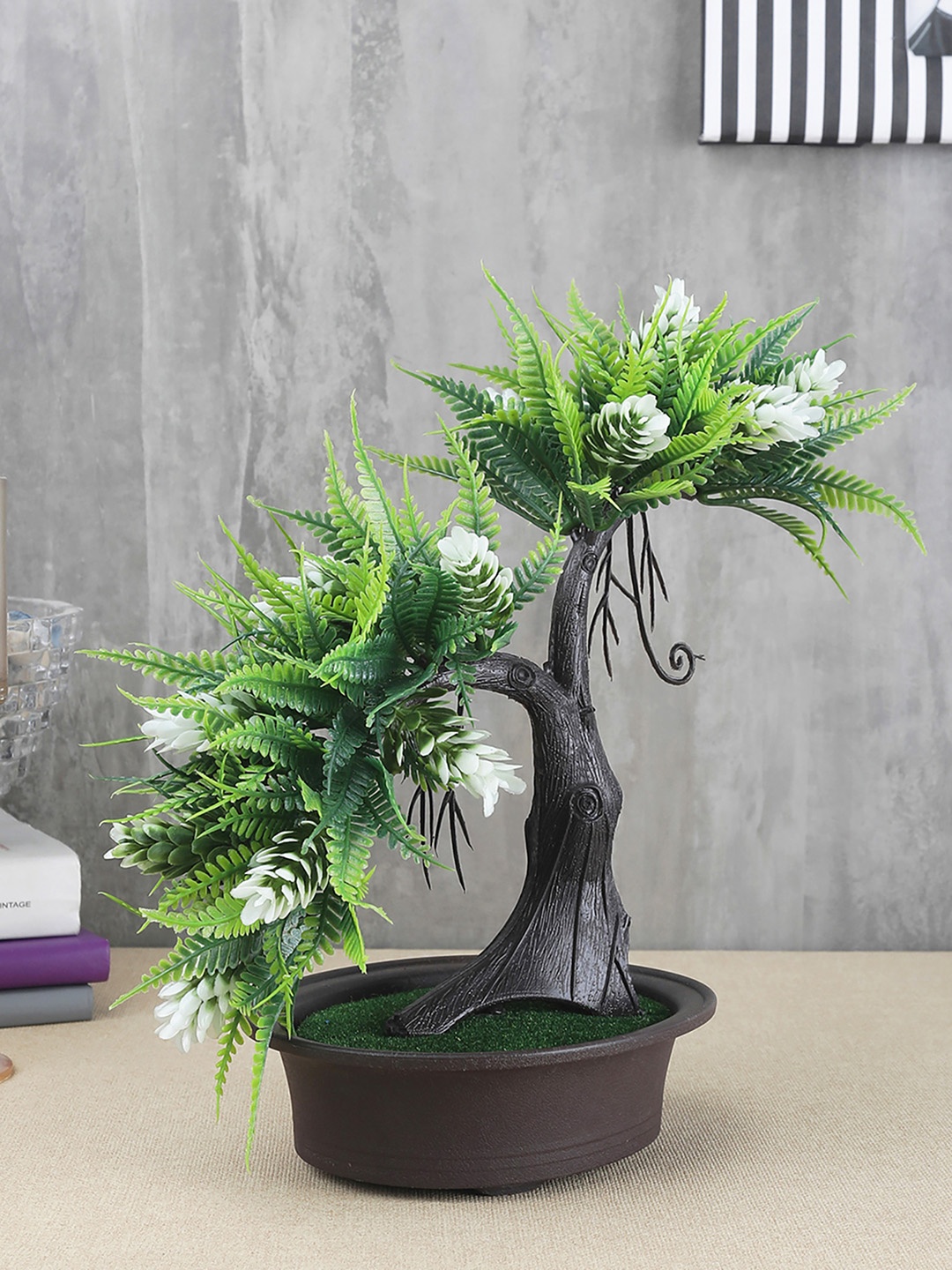 

FOLIYAJ Green & White Artificial Shoe Horn Shaped Bonsai Tree With Leaves & Pot