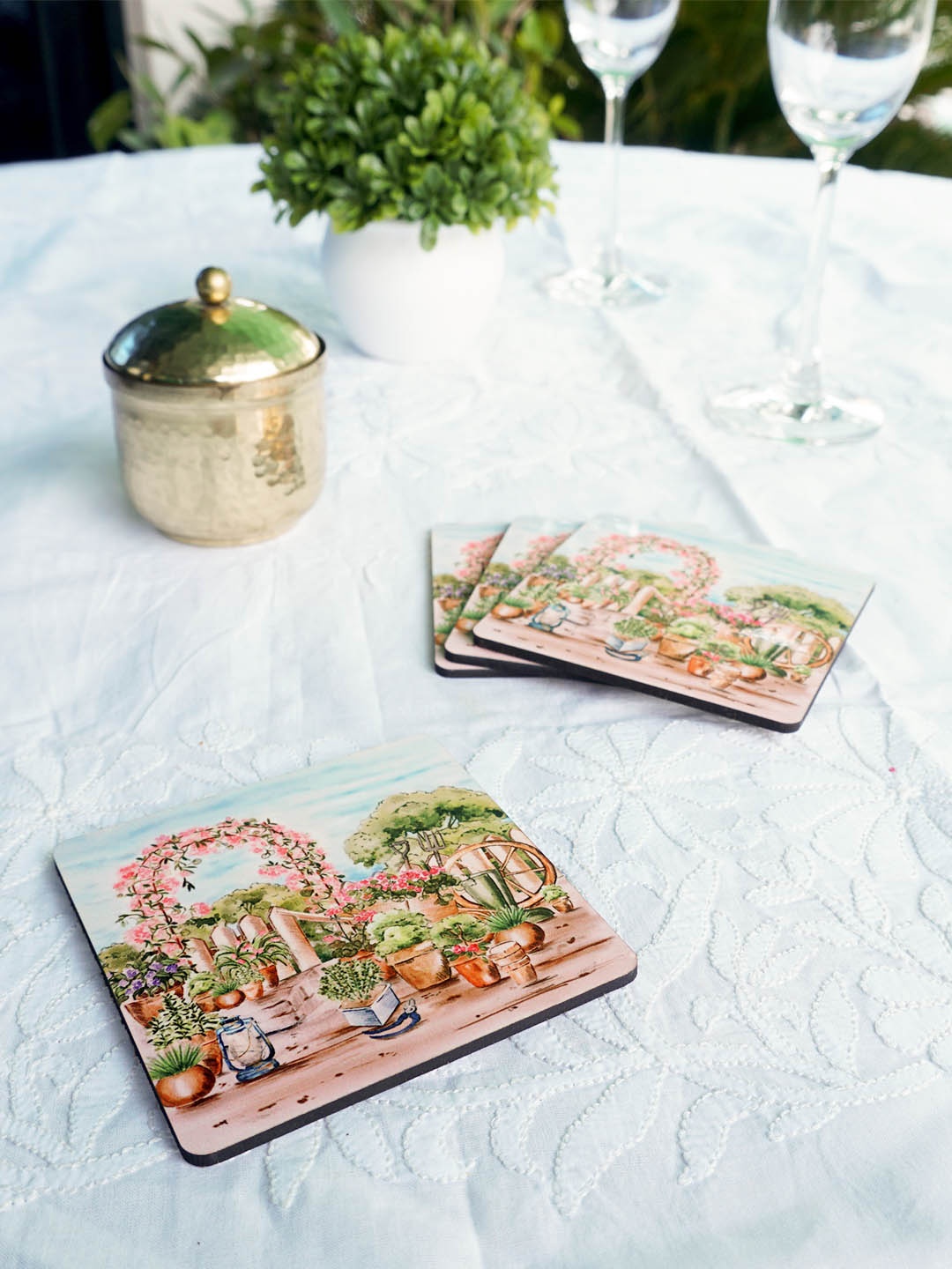 KOLOROBIA Set Of 4 Blue & Green Printed English Garden Square Wooden Coasters