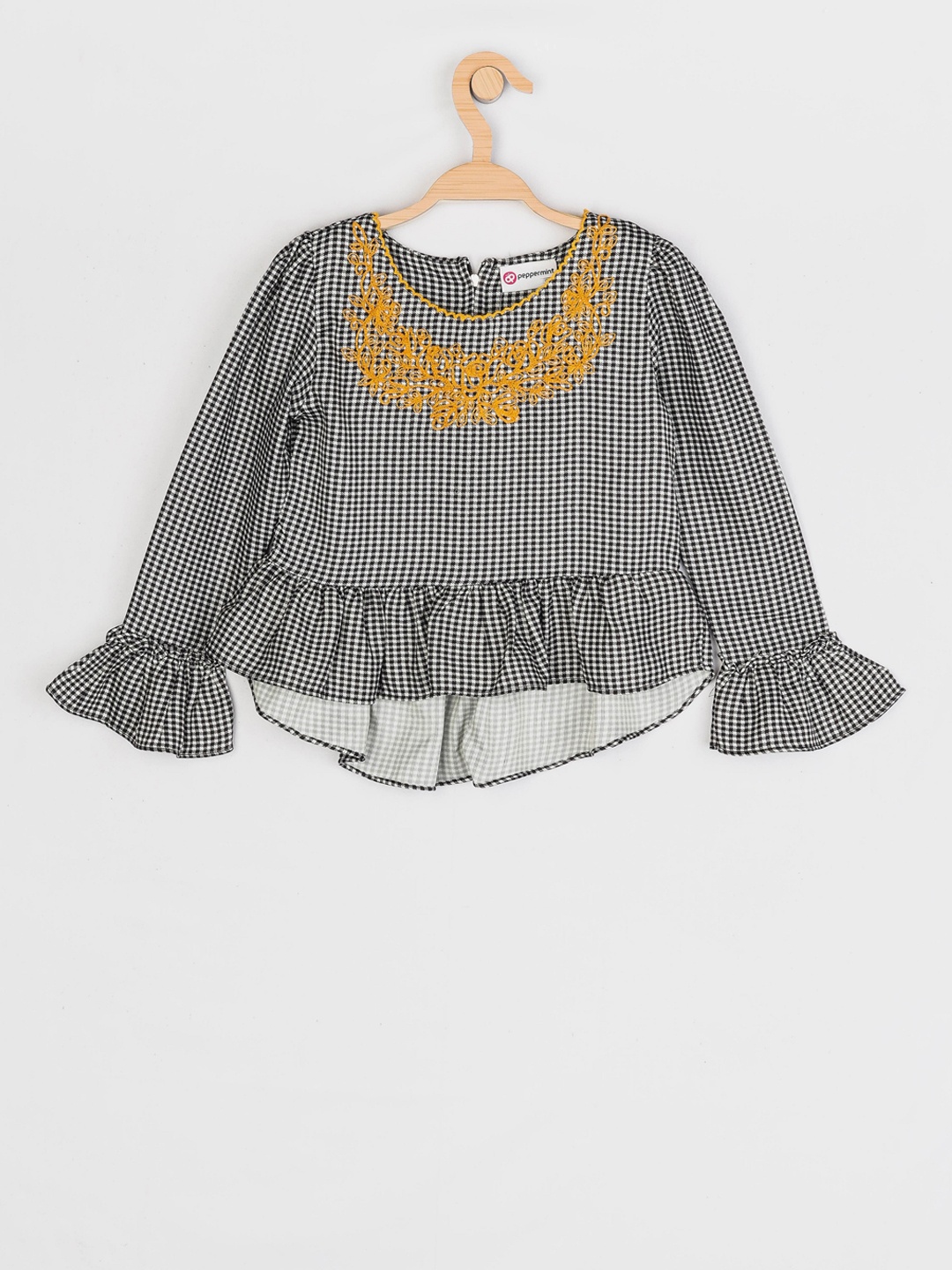 

Peppermint Girls Black & White Checked Floral Embroidered High-Low Top