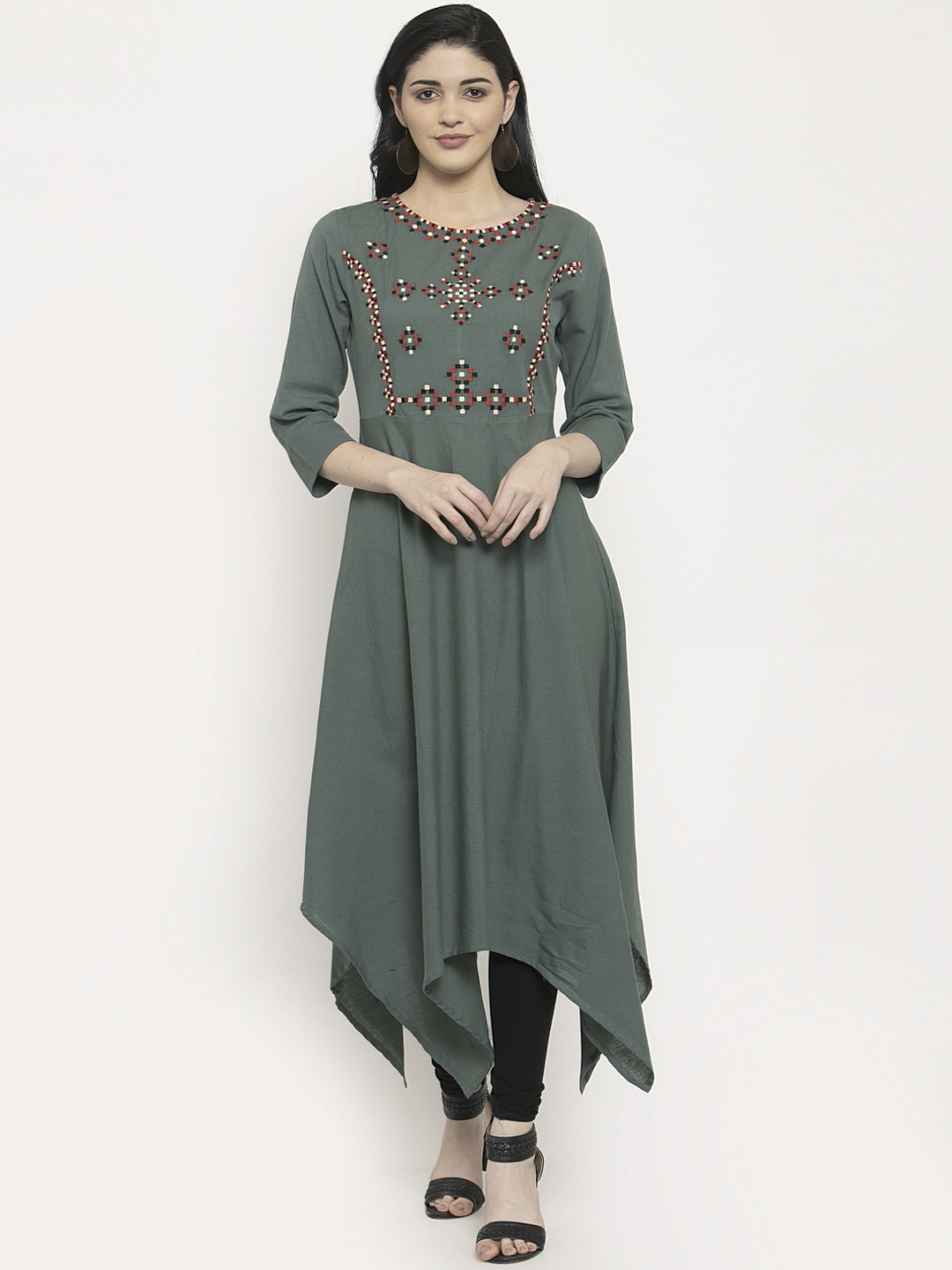 

plusS Women Olive Green Embroidered A-Line Kurta