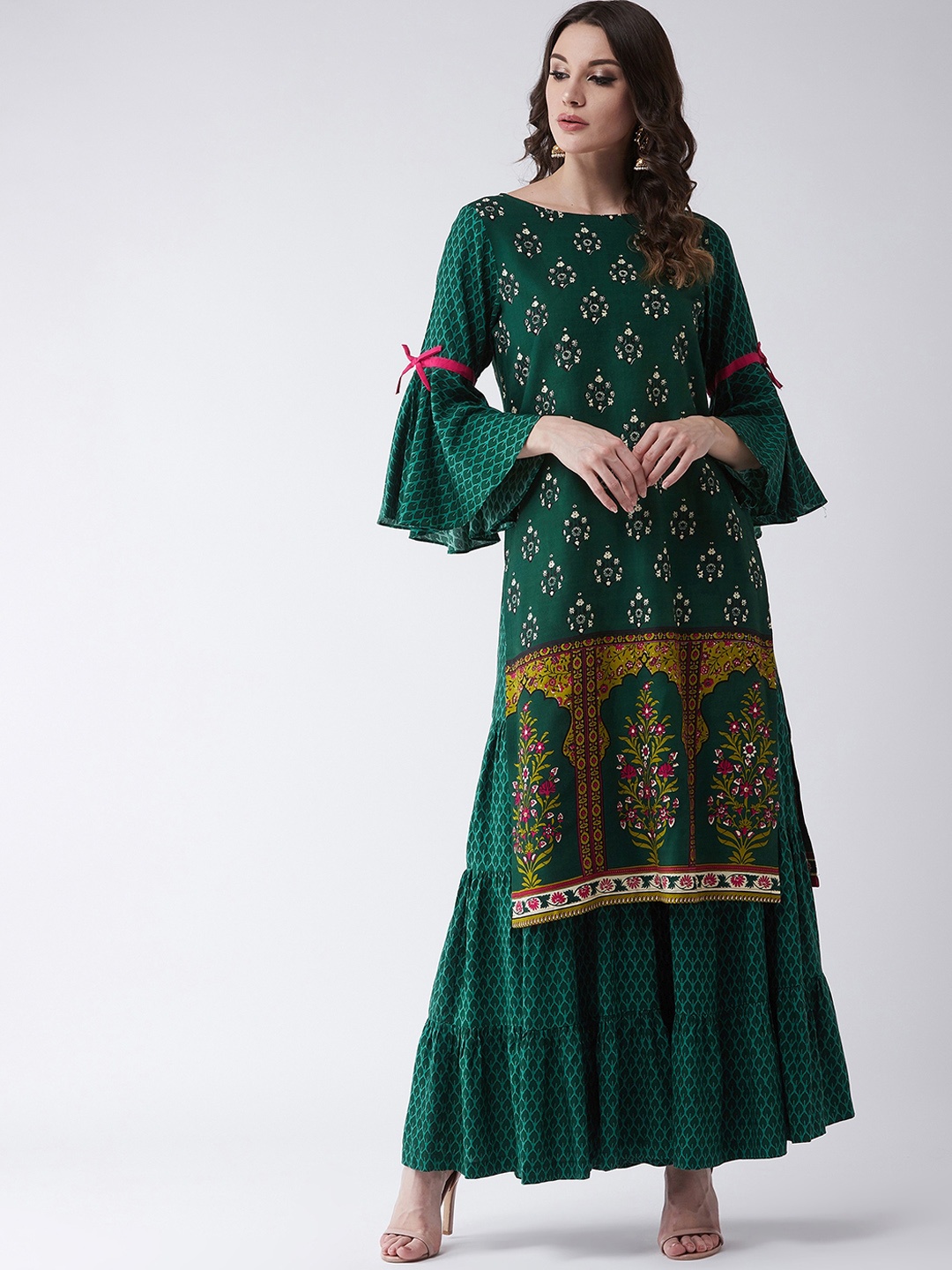 

Pannkh Women Green Printed Kurta with Sharara