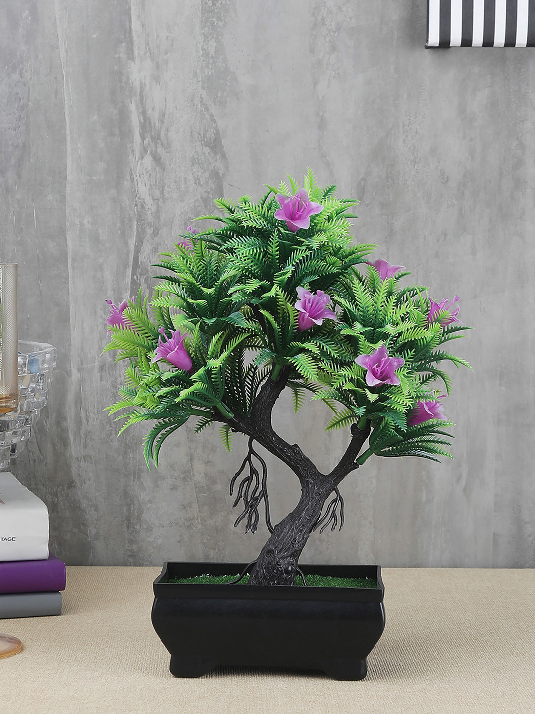 

FOLIYAJ Green & Purple Artificial Y Shaped Bonsai Tree With Fern Leaves Flowers & Pot
