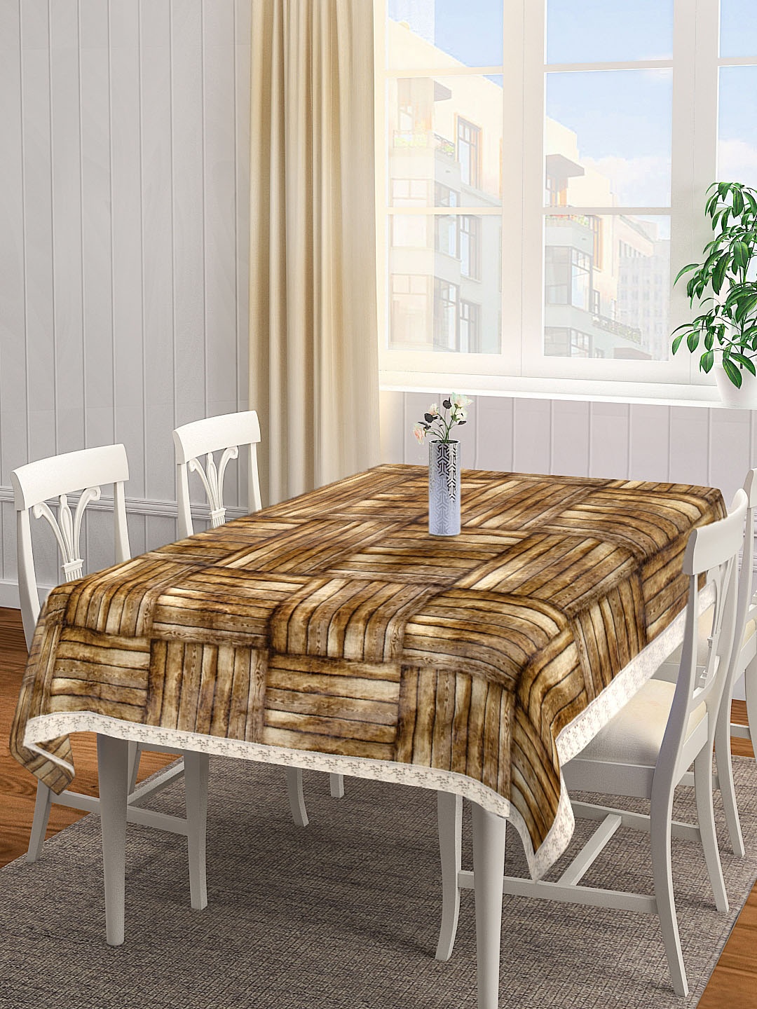Clasiko Brown Wooden Striped 4-Seater PVC Table Cover