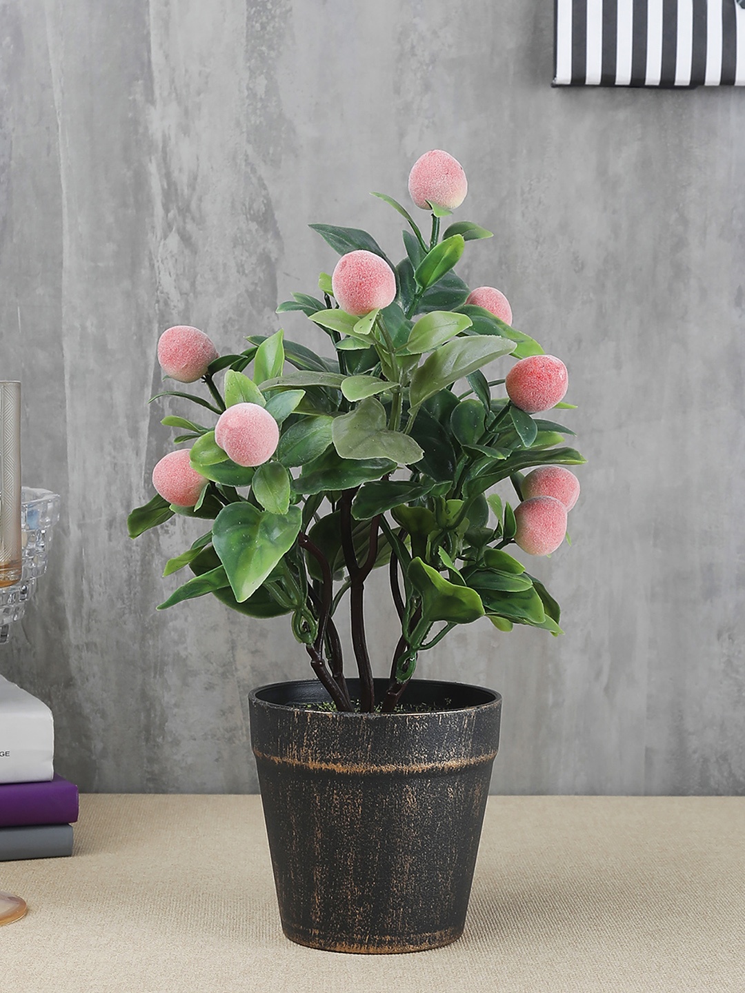 

FOLIYAJ Green & Pink Artificial Peach Bonsai Tree With Black Pot